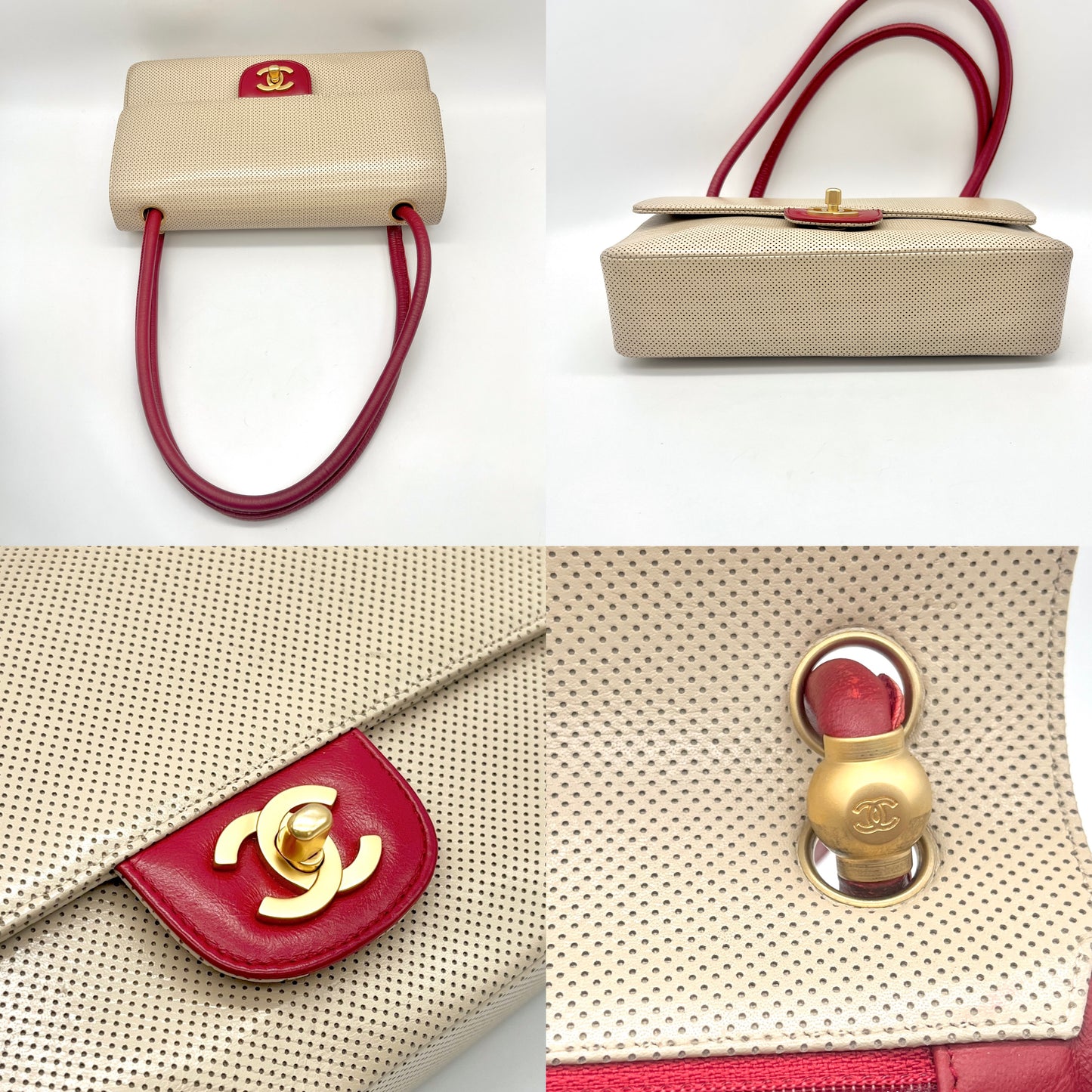 CHANEL Punched Leather Flap Shoulder Bag Red Beige