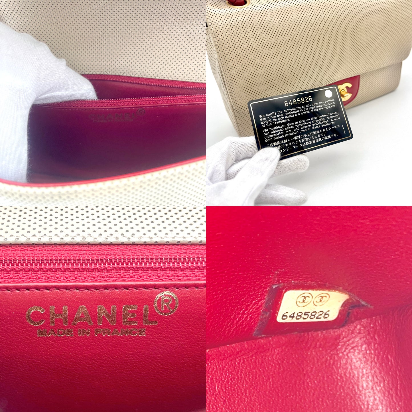 CHANEL Punched Leather Flap Shoulder Bag Red Beige