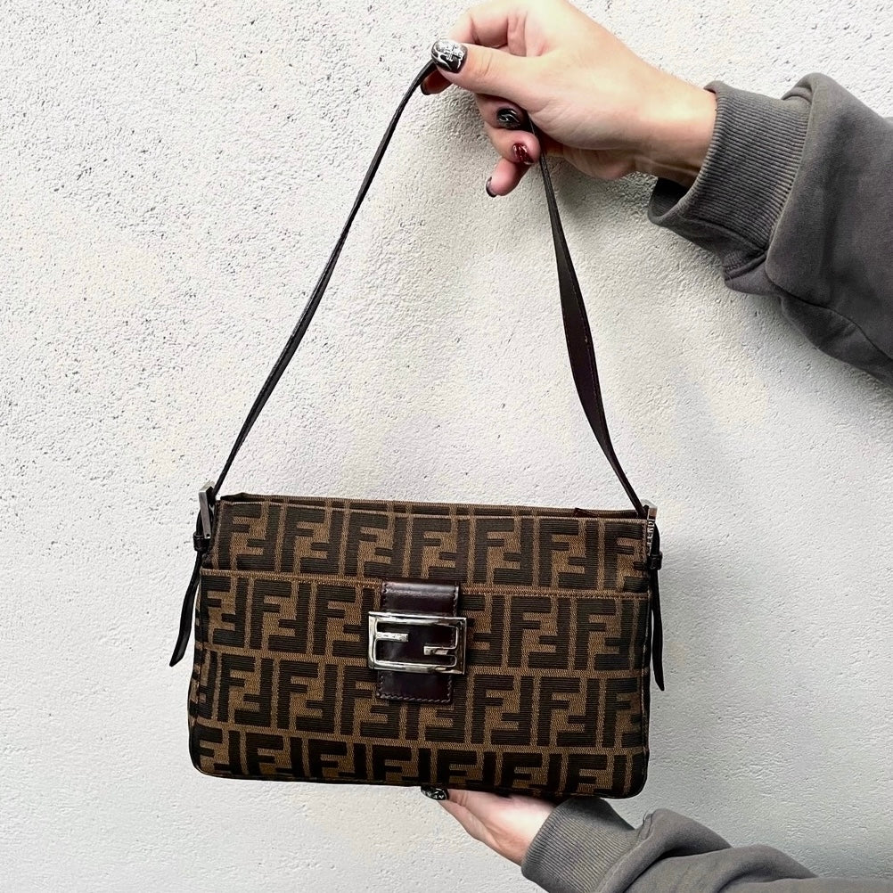 FENDI Zucca Canvas Zipper Closure Mamma Baguette Shoulder Bag Brown &amp; Silver