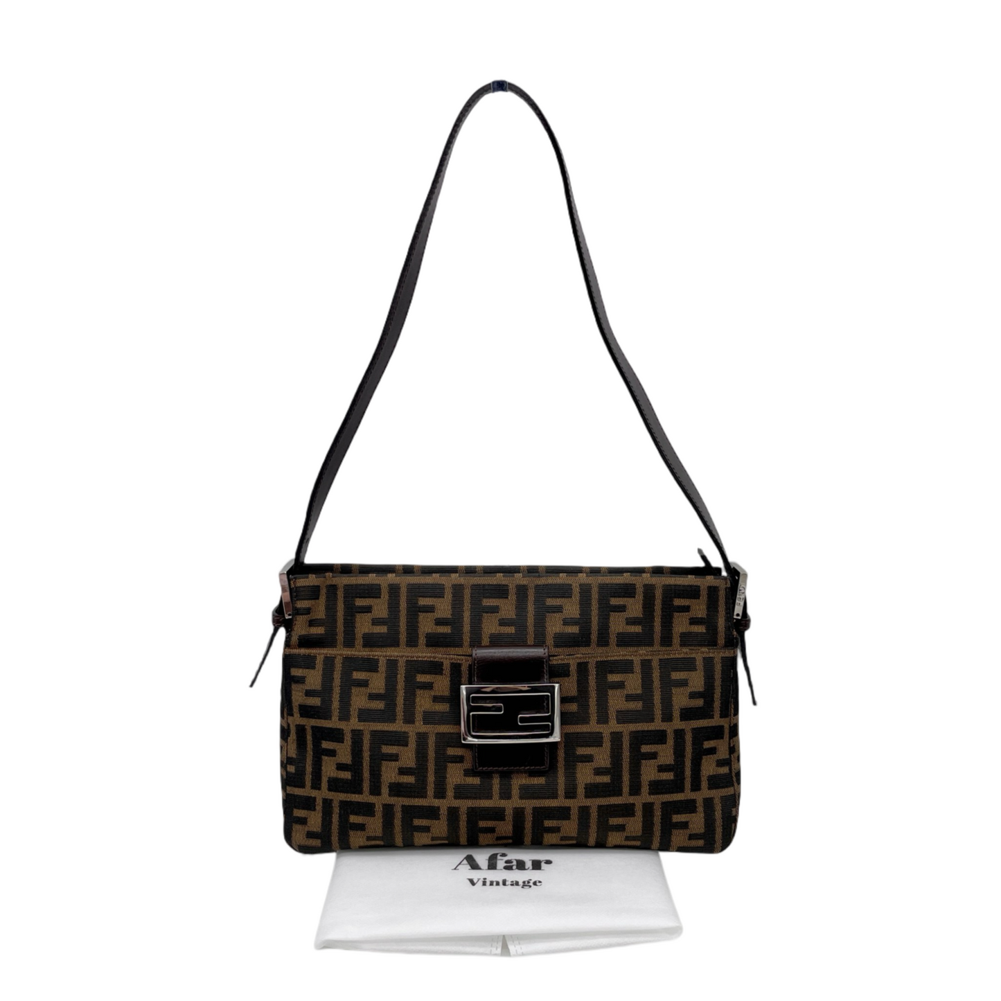 FENDI Zucca Canvas Zipper Closure Mamma Baguette Shoulder Bag Brown &amp; Silver