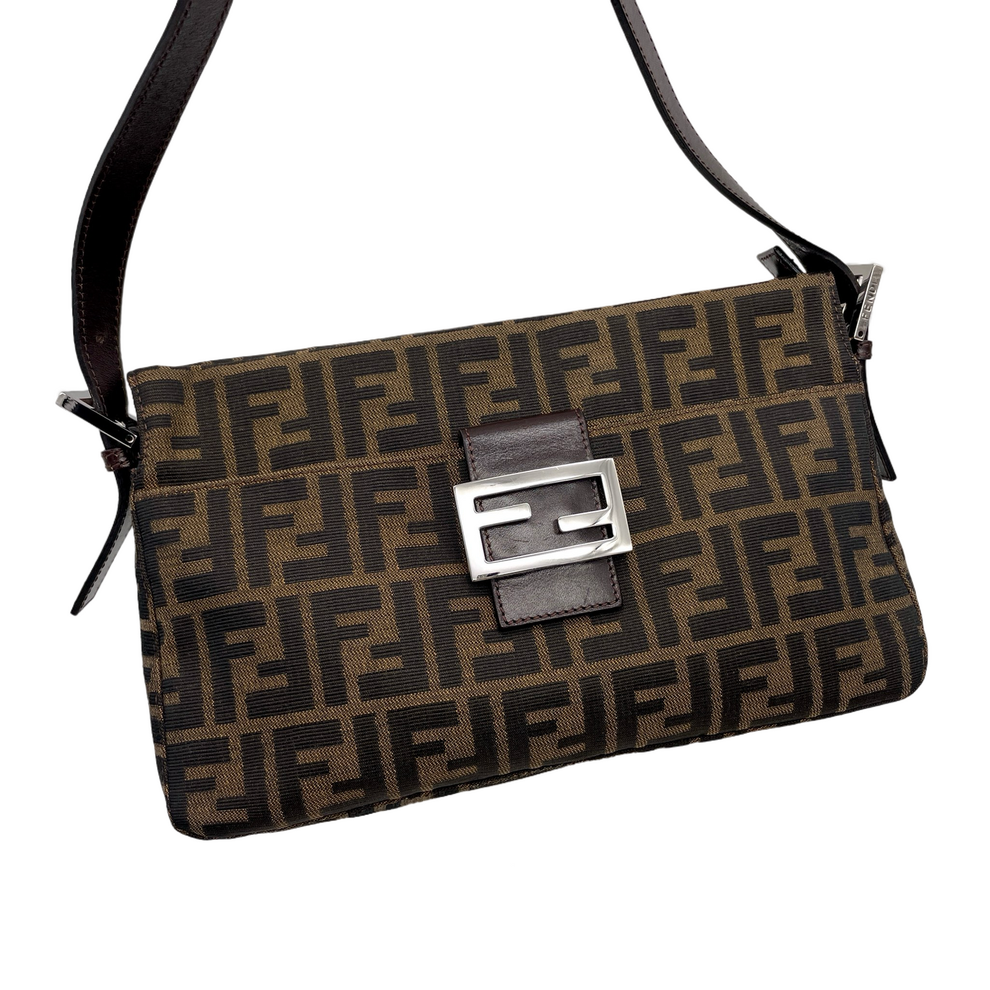FENDI Zucca Canvas Zipper Closure Mamma Baguette Shoulder Bag Brown &amp; Silver