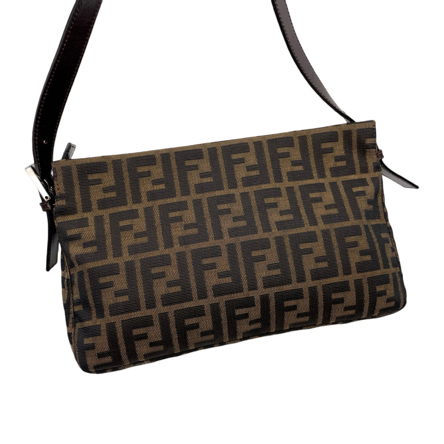 FENDI Zucca Canvas Zipper Closure Mamma Baguette Shoulder Bag Brown &amp; Silver