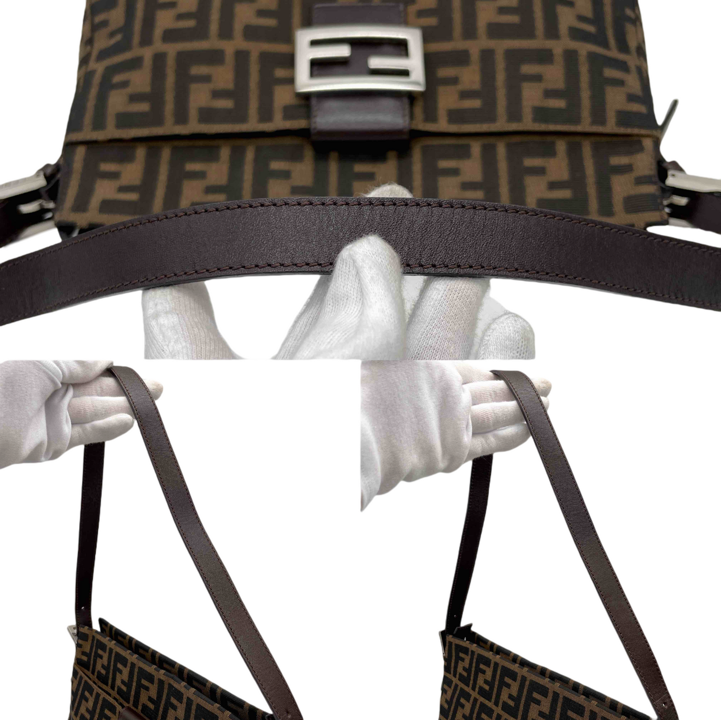 FENDI Zucca Canvas Zipper Closure Mamma Baguette Shoulder Bag Brown &amp; Silver