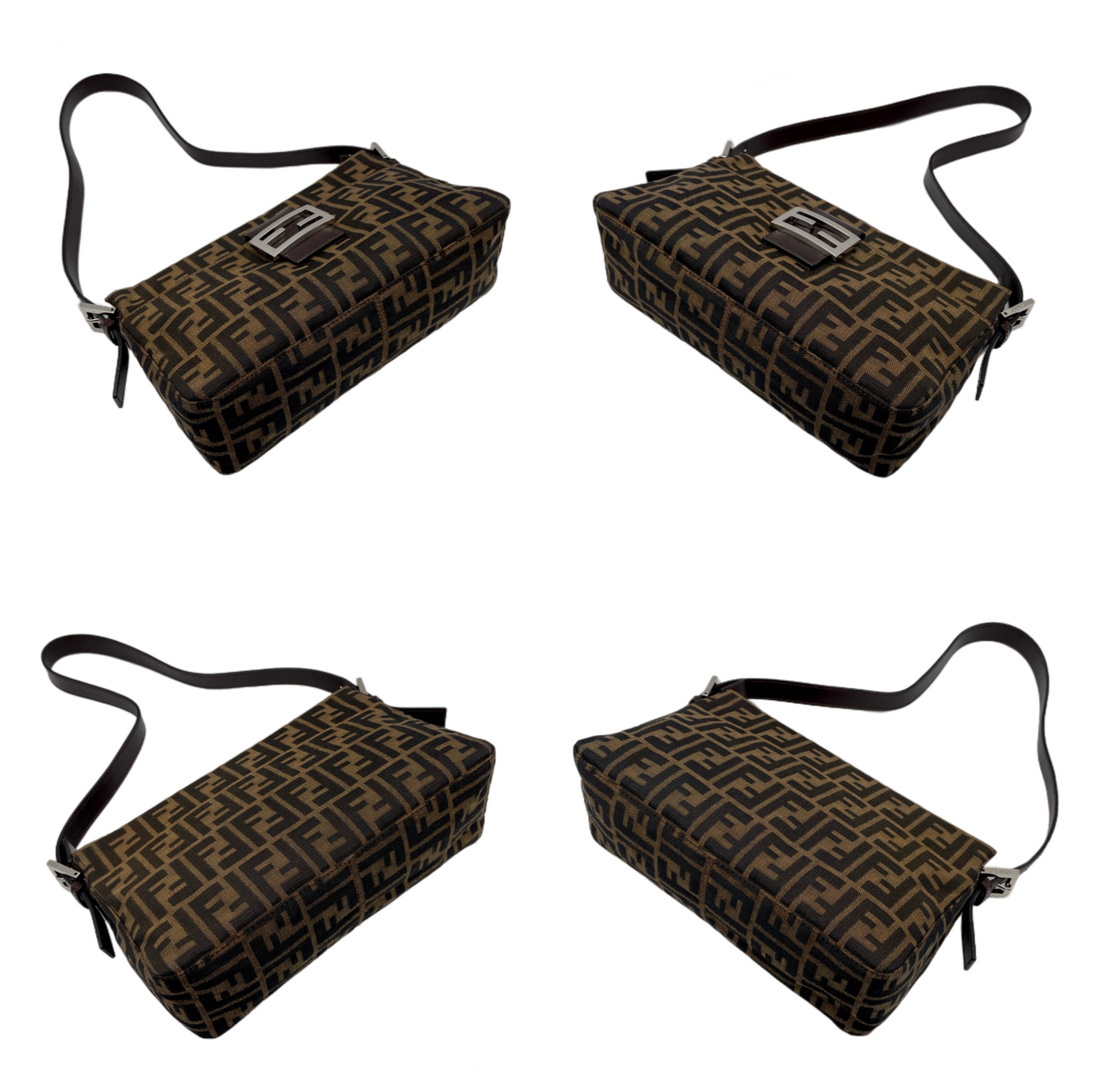 FENDI Zucca Canvas Zipper Closure Mamma Baguette Shoulder Bag Brown &amp; Silver