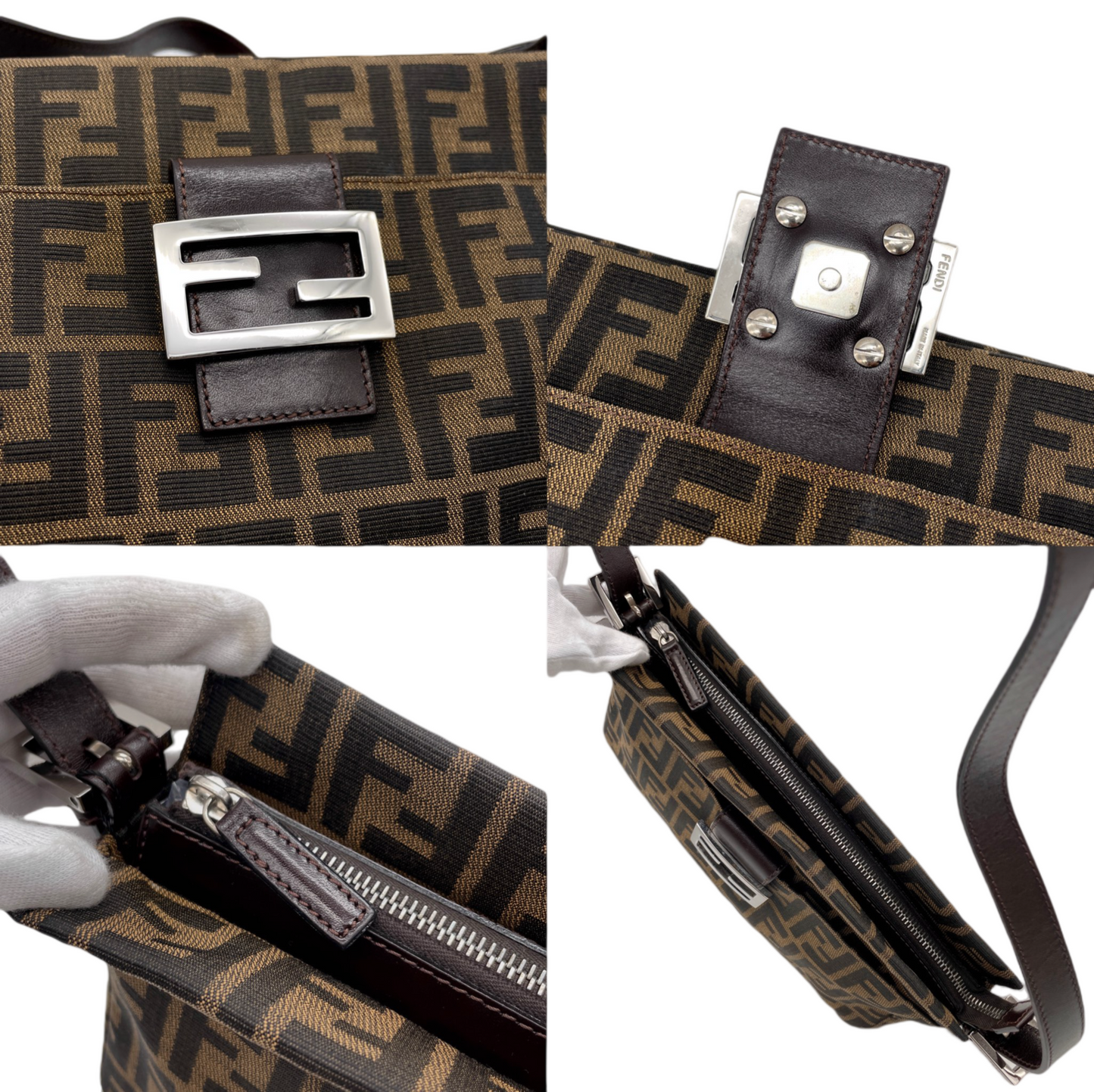 FENDI Zucca Canvas Zipper Closure Mamma Baguette Shoulder Bag Brown &amp; Silver