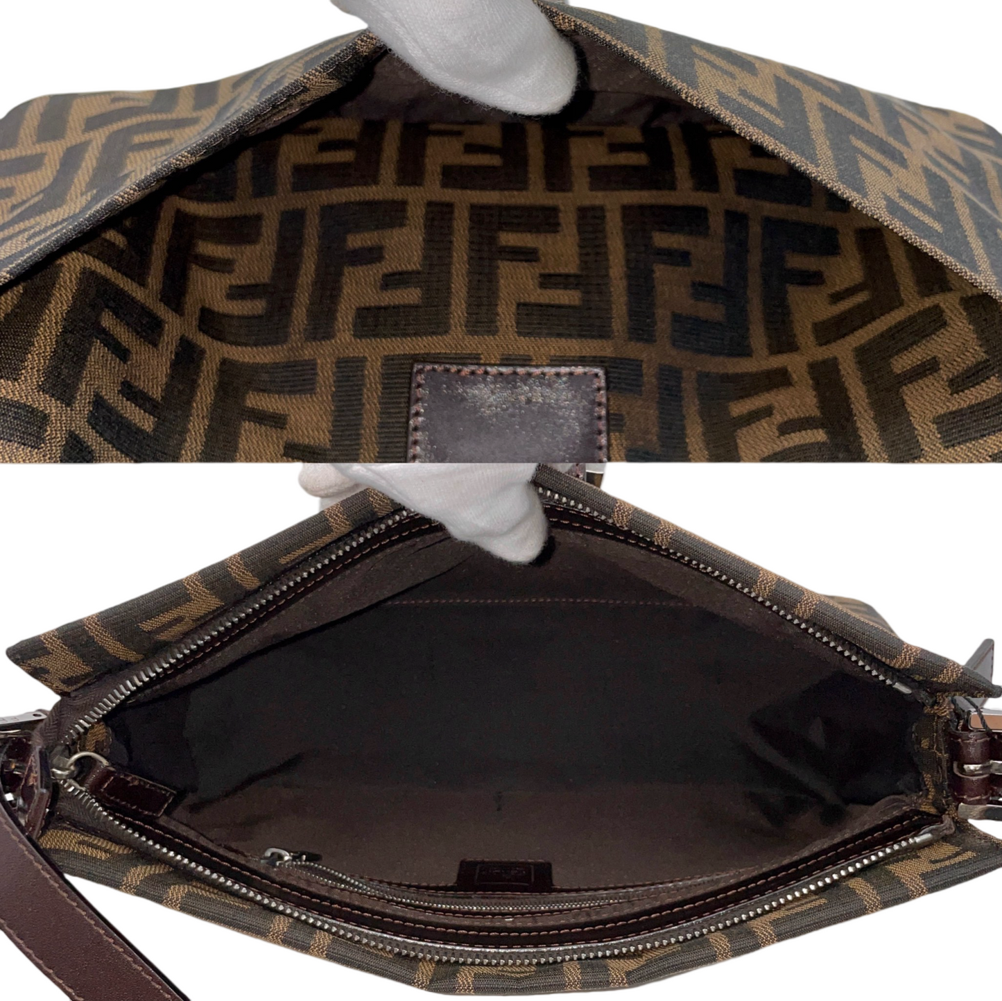 FENDI Zucca Canvas Zipper Closure Mamma Baguette Shoulder Bag Brown &amp; Silver