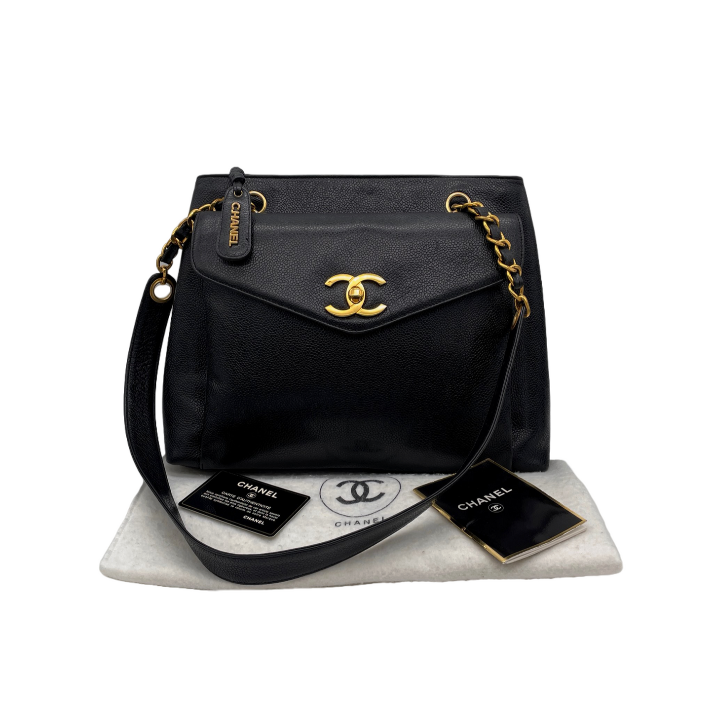 RARE☆☆☆CHANEL Jumbo CC LOGO Pocket Caviar Skin Leather Chains Shoulder Tote Bag Black &amp; Gold