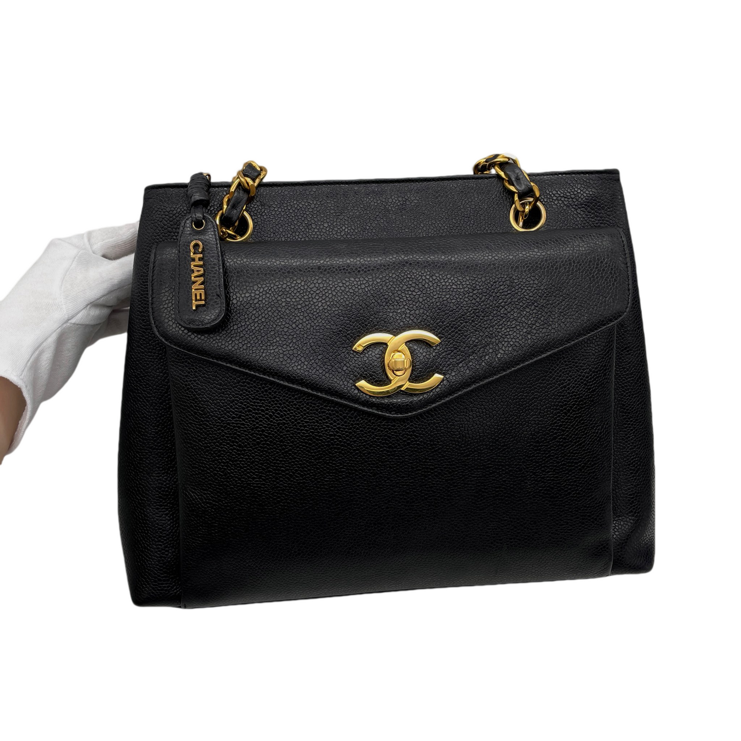 RARE☆☆☆CHANEL Jumbo CC LOGO Pocket Caviar Skin Leather Chains Shoulder Tote Bag Black &amp; Gold