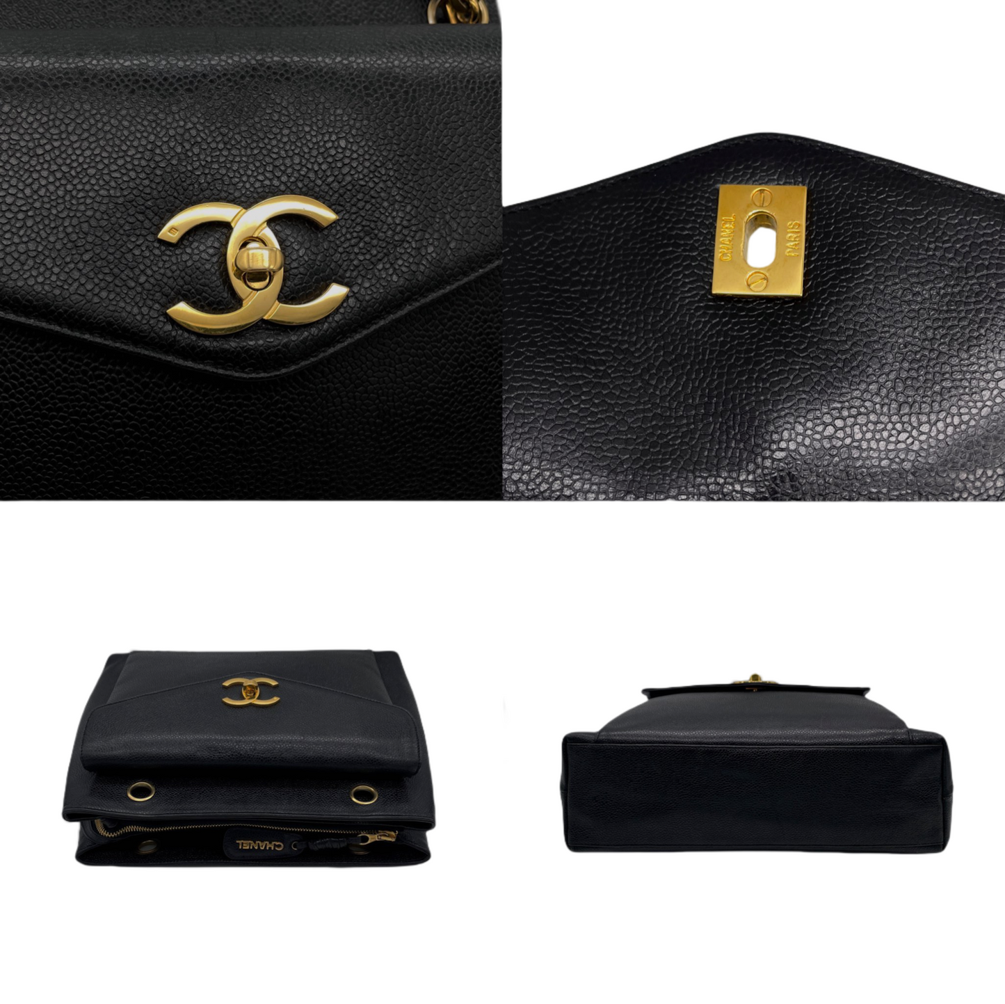 RARE☆☆☆CHANEL Jumbo CC LOGO Pocket Caviar Skin Leather Chains Shoulder Tote Bag Black &amp; Gold