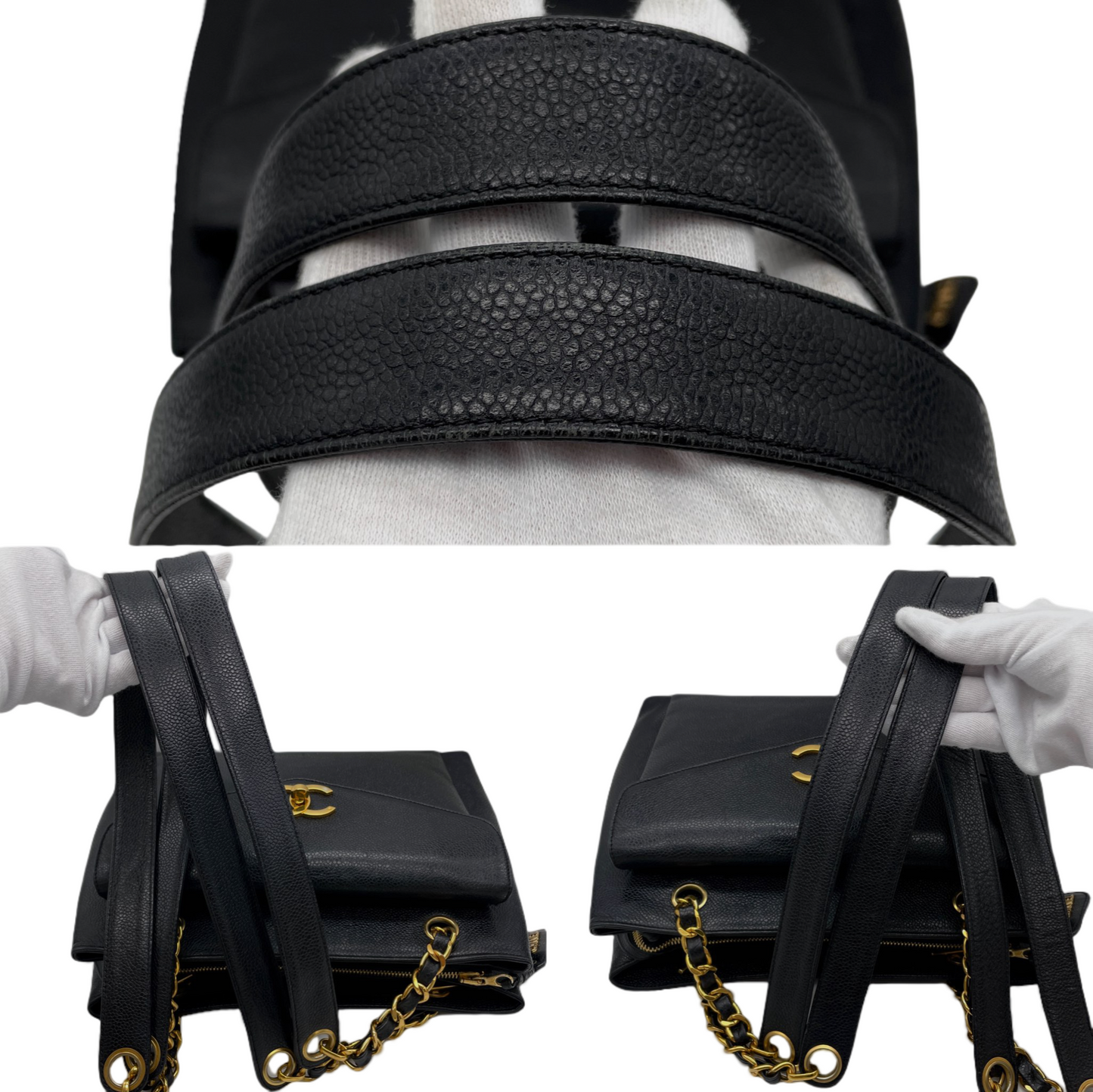 RARE☆☆☆CHANEL Jumbo CC LOGO Pocket Caviar Skin Leather Chains Shoulder Tote Bag Black &amp; Gold