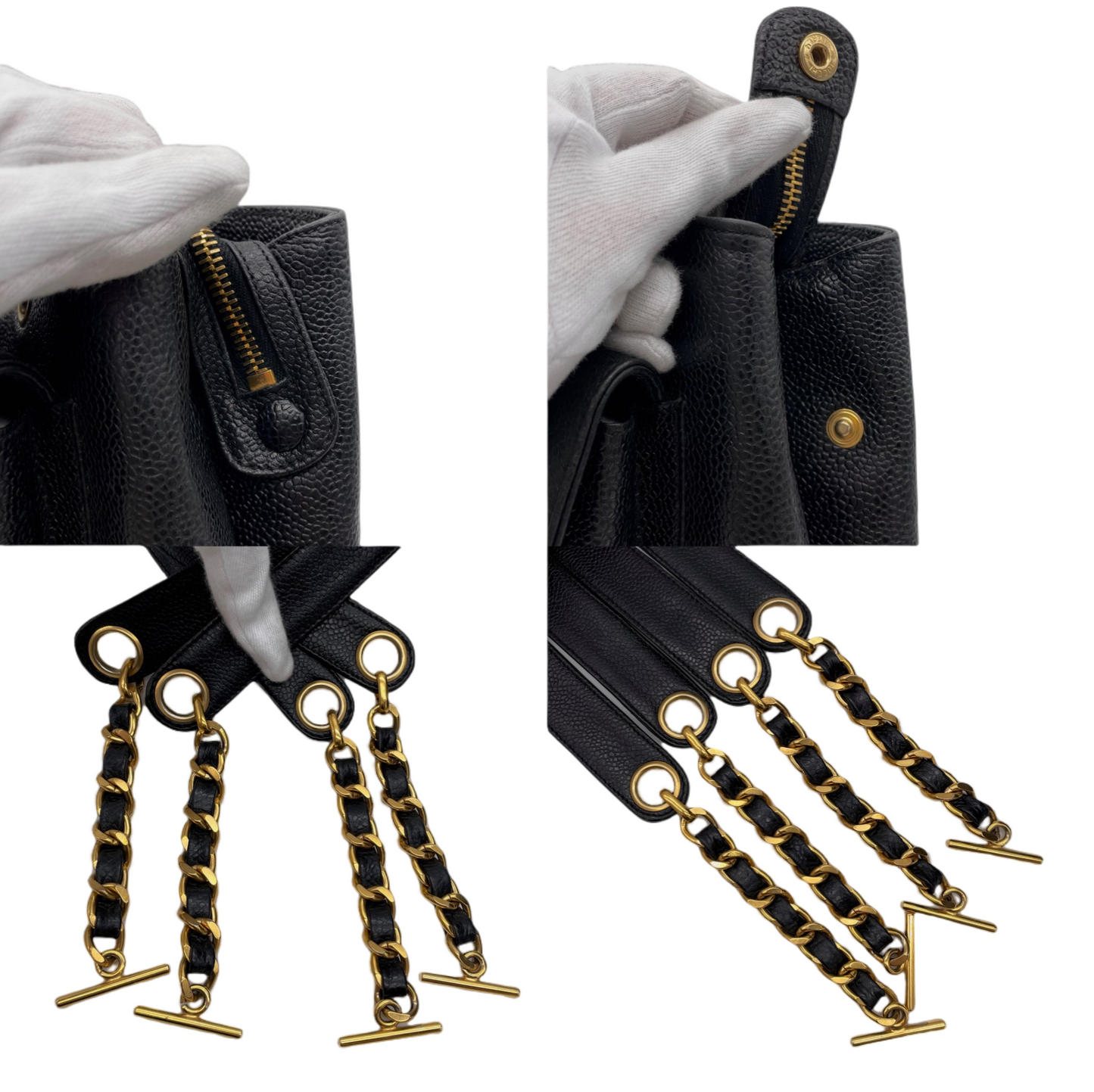 RARE☆☆☆CHANEL Jumbo CC LOGO Pocket Caviar Skin Leather Chains Shoulder Tote Bag Black &amp; Gold