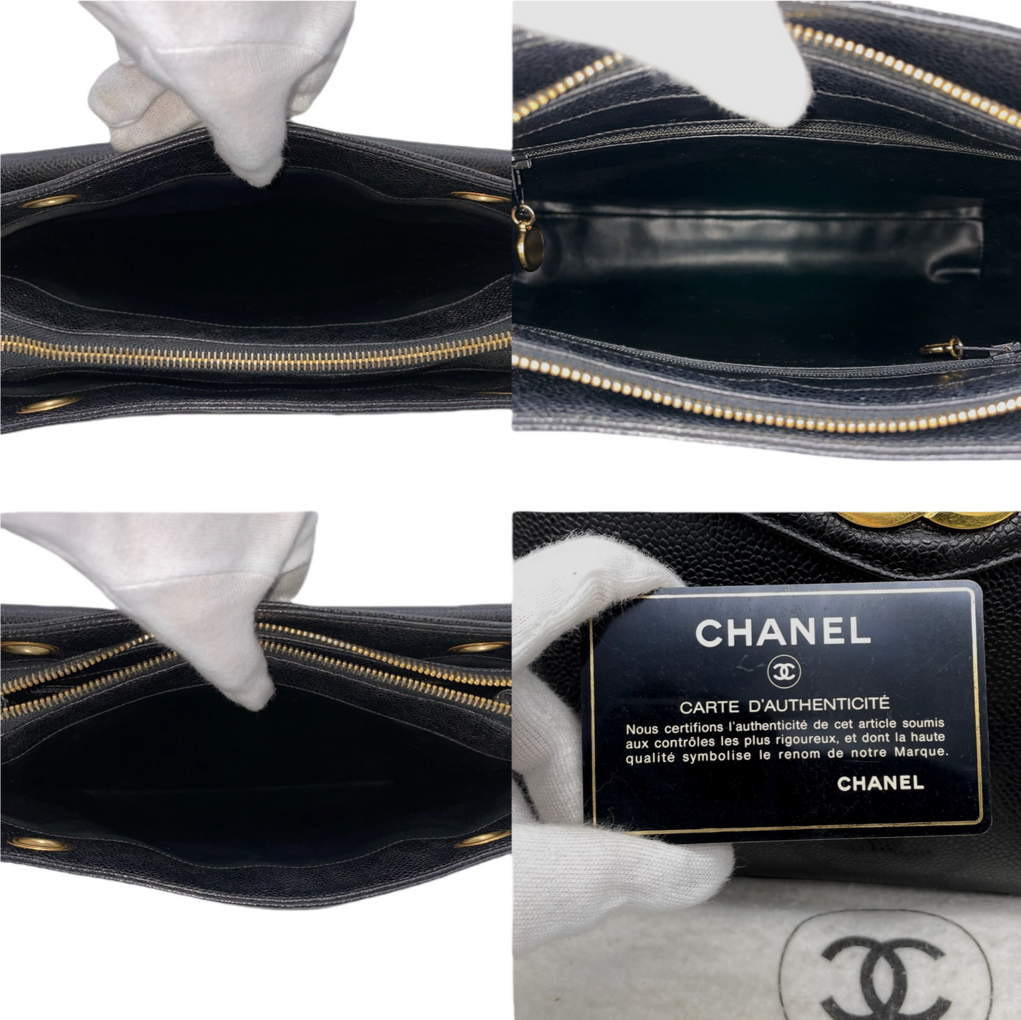 RARE☆☆☆CHANEL Jumbo CC LOGO Pocket Caviar Skin Leather Chains Shoulder Tote Bag Black &amp; Gold