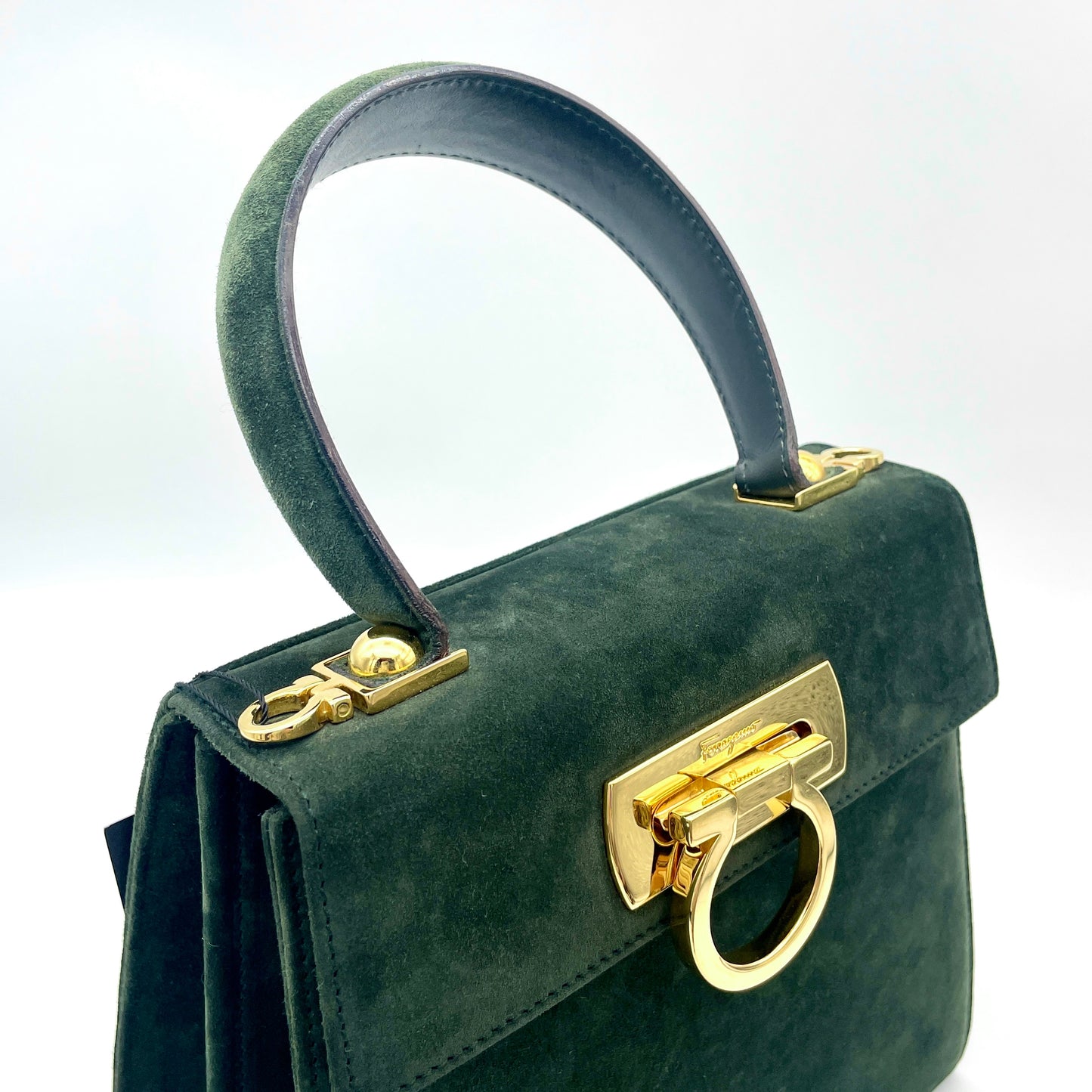 RARE☆☆☆Salvatore Ferragamo Ganchini 2WAY Handbag PM Dark Green Suede Leather