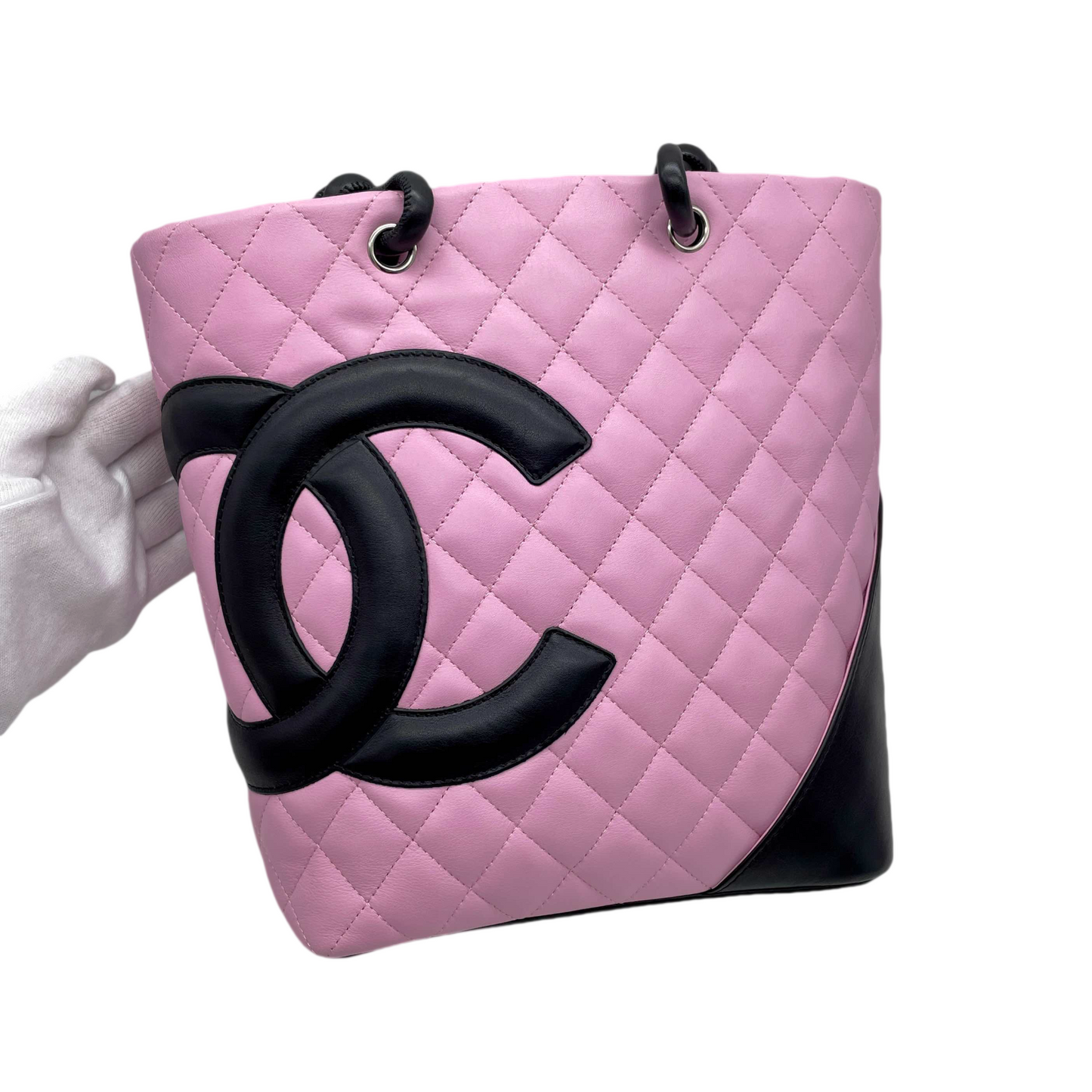 RARE☆☆☆☆CHANEL Cambon Line Matelassé Tote Hand Bag PM Pink & Black