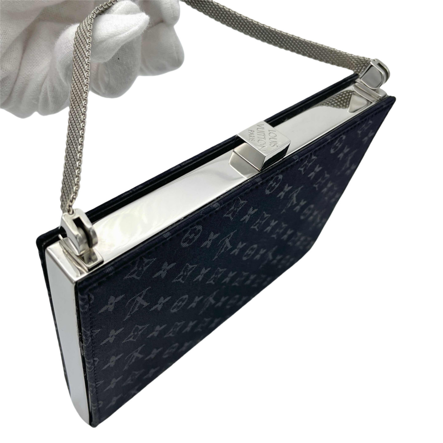 RARE☆☆☆LOUIS VUITTON 2001 Monogram Mini Lin Anjou MM Handbag M92101 Black & Silver