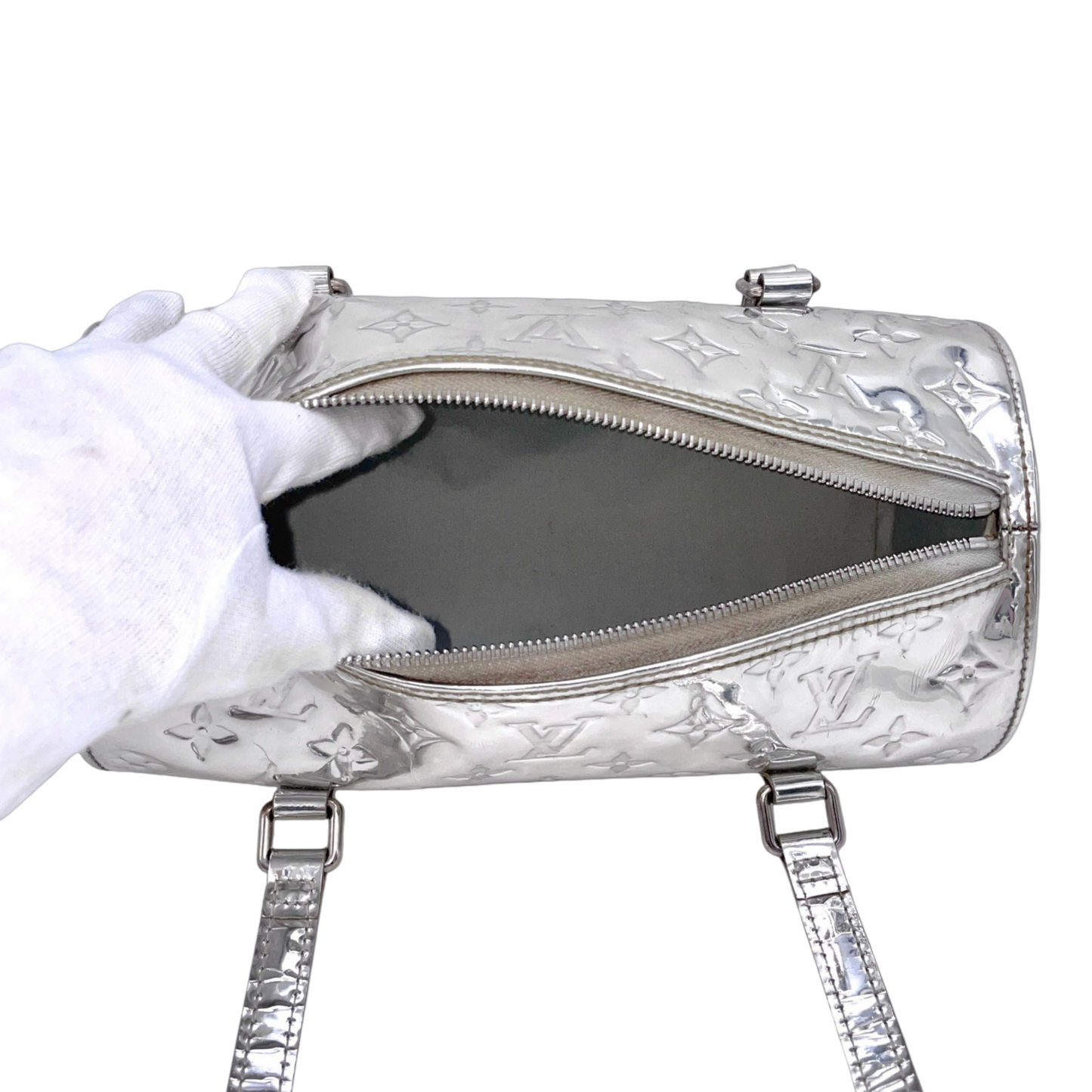 RARE★★★★★LOUIS VUITTON 2006 Monogram Miroir Leather Papillon Handle Bag M95269 Small Silver