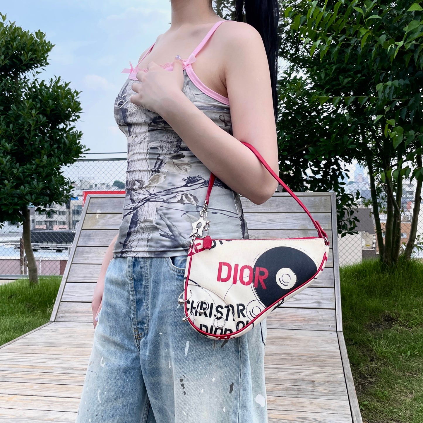 RARE★★★★★CHRISTIAN DIOR 2004 Hardcore Canvas & Leather Record Motif Saddle Handbag Small White & Red