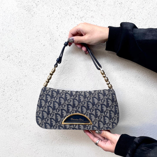 CHRISTIAN DIOR Trotter Canvas Malice Pearl Shoulder Bag Navy & Gold