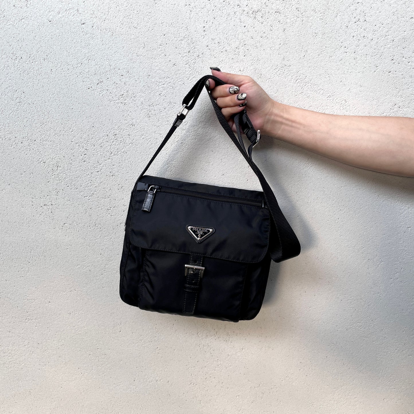 PRADA Triangle Plated Pocket Crossbody Shoulder Bag Black &amp; Silver