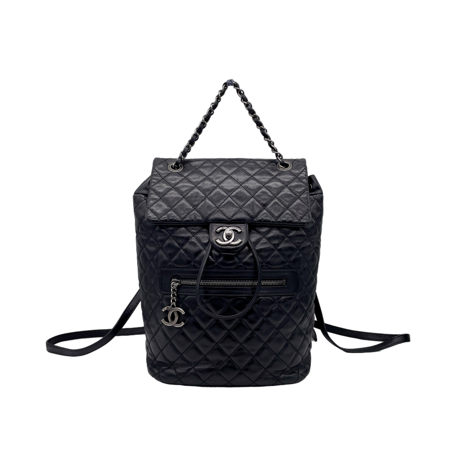 RARE☆☆☆CHANEL 2015 Matelassé CC LOGO Pendant Métiers d'Art Paris-Salzburg Chain Strap Backpack Black &amp; Silver