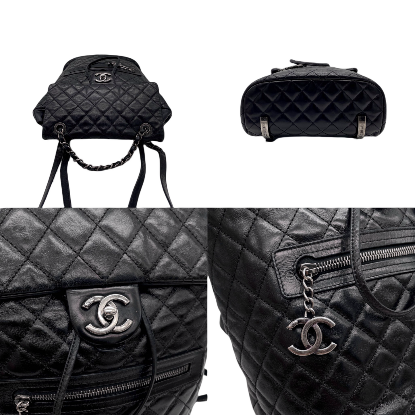 RARE☆☆☆CHANEL 2015 Matelassé CC LOGO Pendant Métiers d'Art Paris-Salzburg Chain Strap Backpack Black &amp; Silver