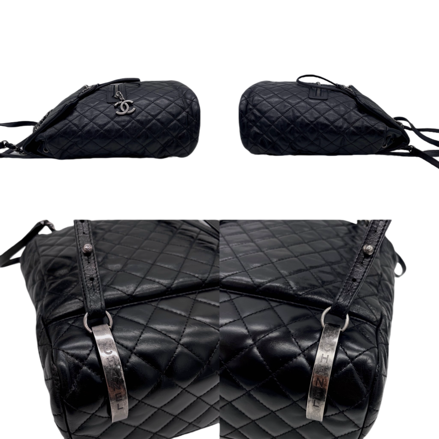 RARE☆☆☆CHANEL 2015 Matelassé CC LOGO Pendant Métiers d'Art Paris-Salzburg Chain Strap Backpack Black &amp; Silver