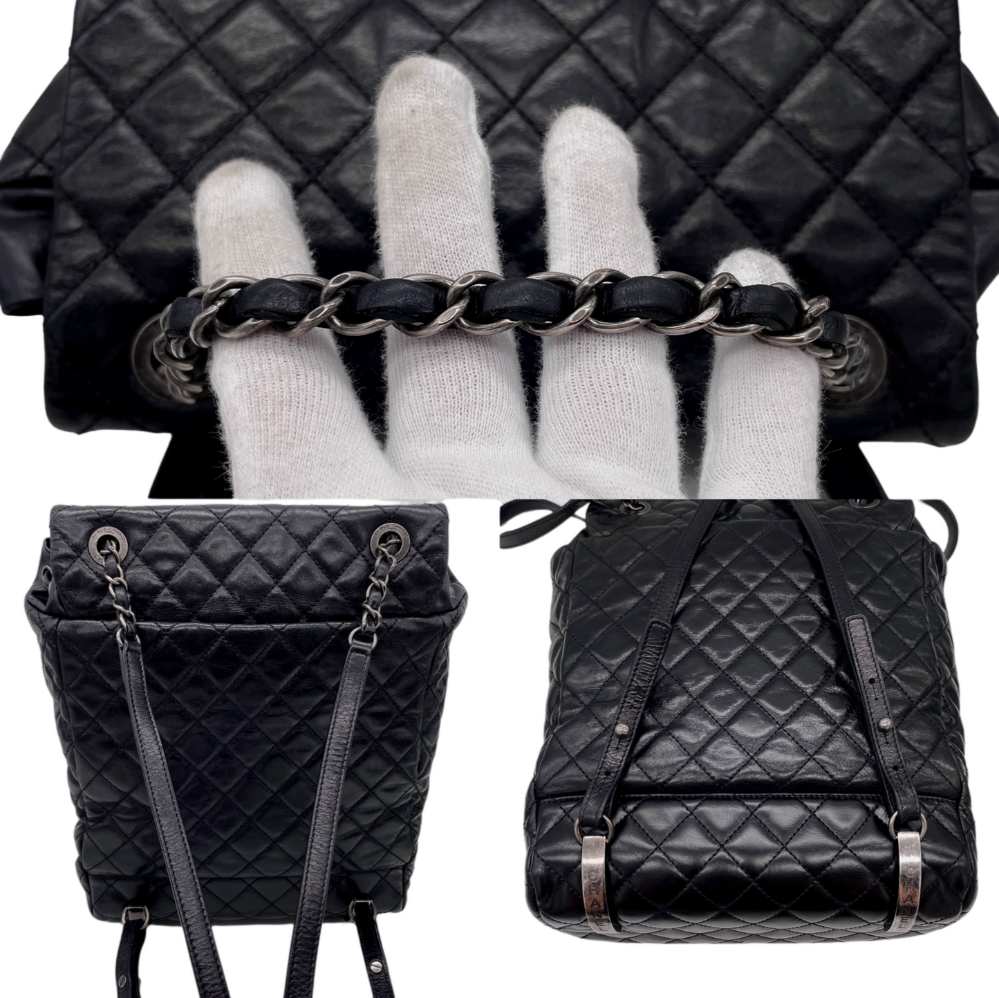 RARE☆☆☆CHANEL 2015 Matelassé CC LOGO Pendant Métiers d'Art Paris-Salzburg Chain Strap Backpack Black &amp; Silver