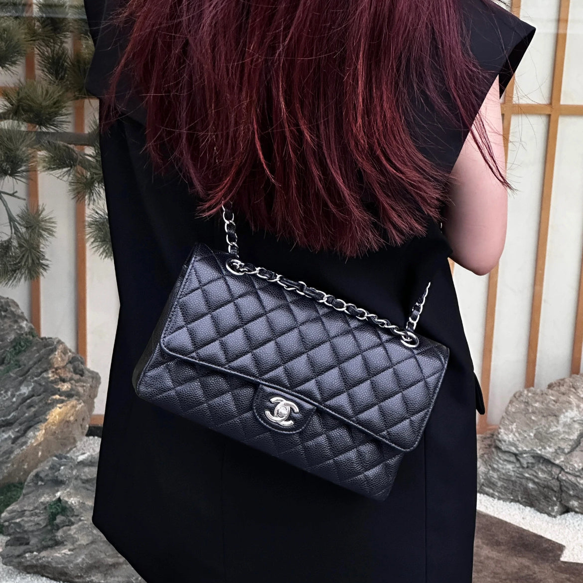 RARE☆☆☆CHANEL 2009 Matelassé Caviar Skin Leather Classic Double Chain Double Flap Bag 25cm Black &amp; Silver #