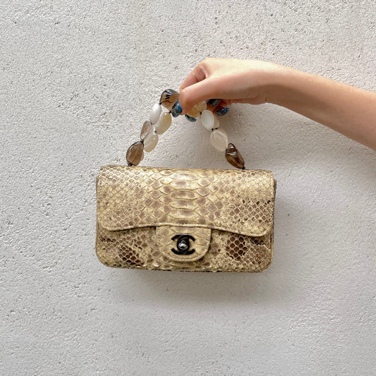 RARE☆☆☆☆☆☆CHANEL 2003 Stone Chain Handle Python Skin Leather Mini Flap Bag Brown & Silver