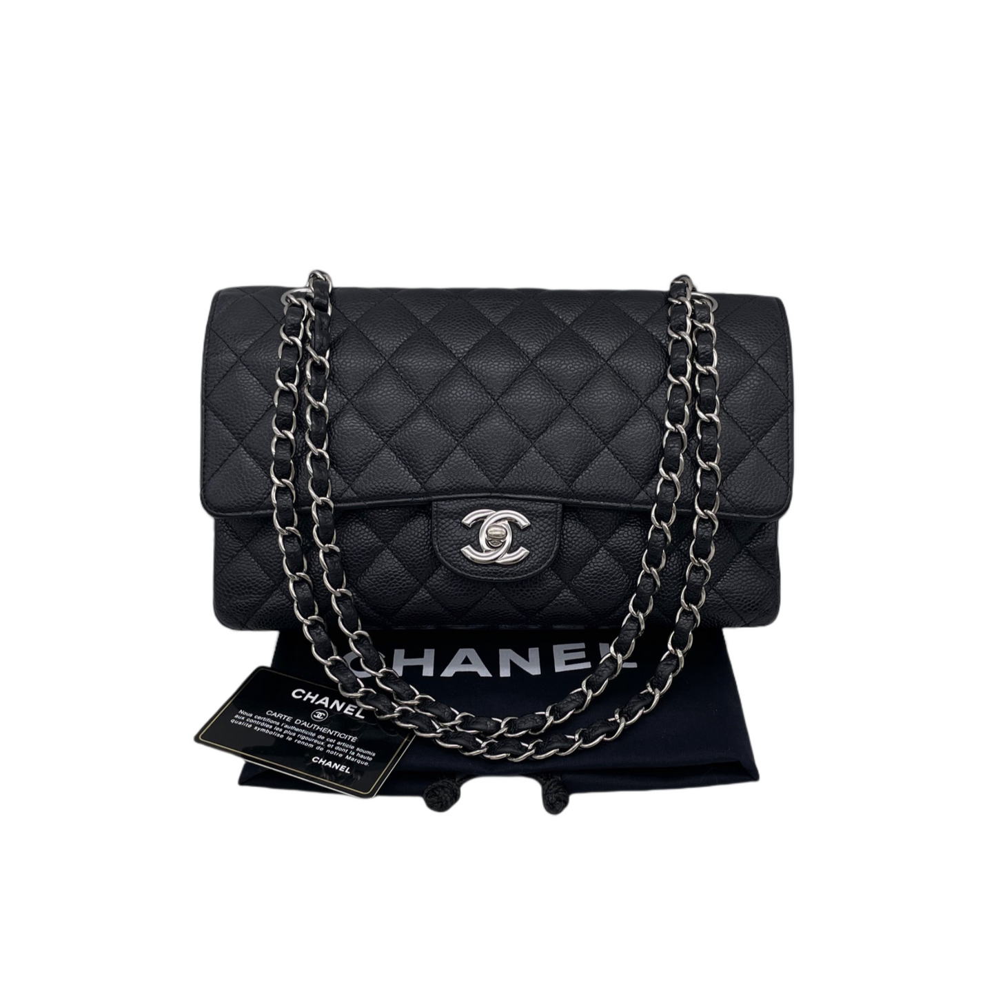 RARE☆☆☆CHANEL 2009 Matelassé Caviar Skin Leather Classic Double Chain Double Flap Bag 25cm Black &amp; Silver #