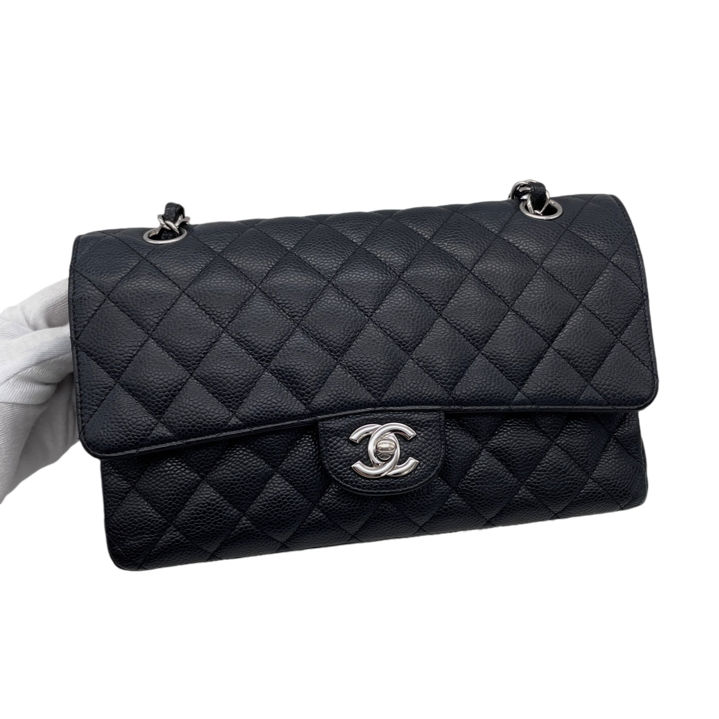 RARE☆☆☆CHANEL 2009 Matelassé Caviar Skin Leather Classic Double Chain Double Flap Bag 25cm Black &amp; Silver #
