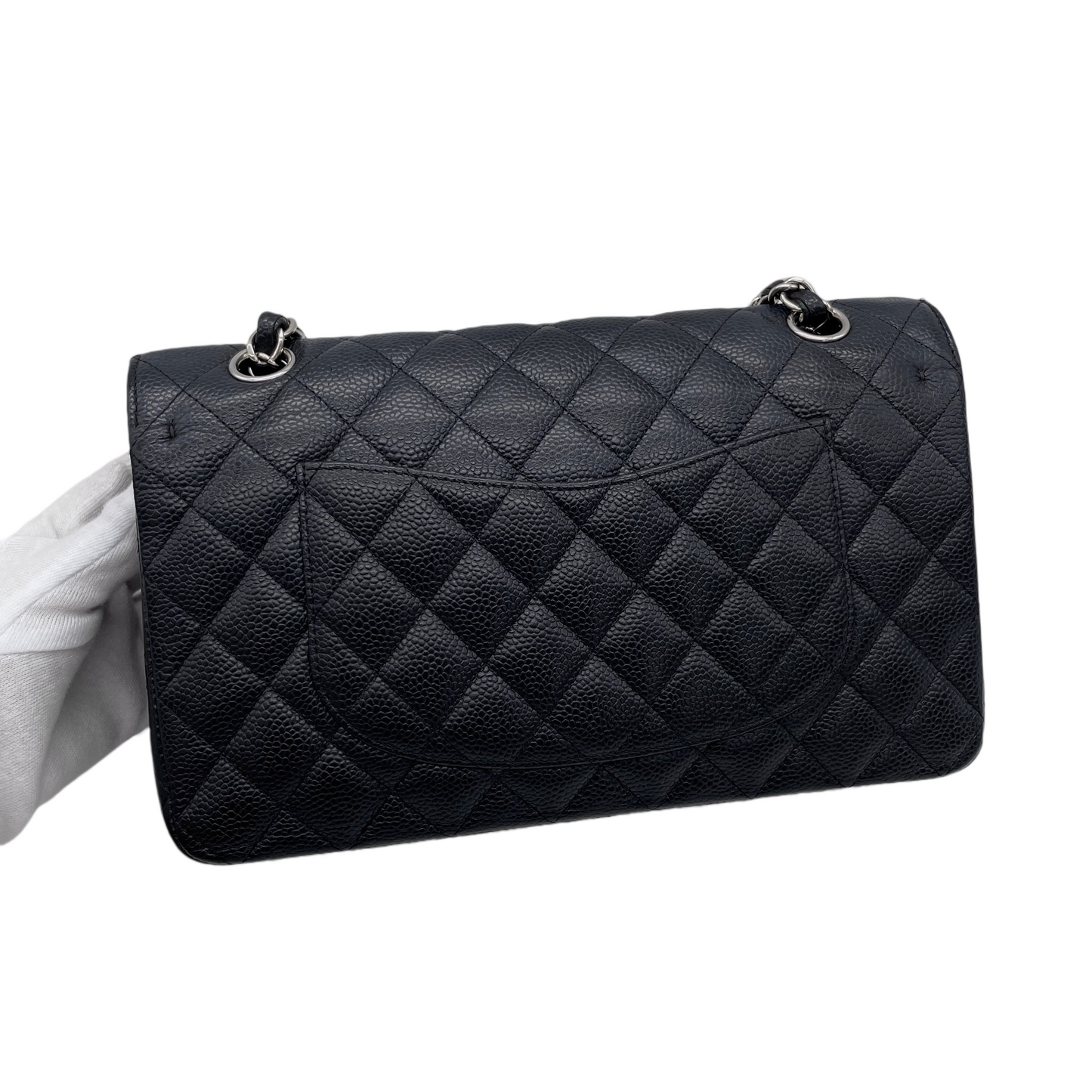 RARE☆☆☆CHANEL 2009 Matelassé Caviar Skin Leather Classic Double Chain Double Flap Bag 25cm Black &amp; Silver #