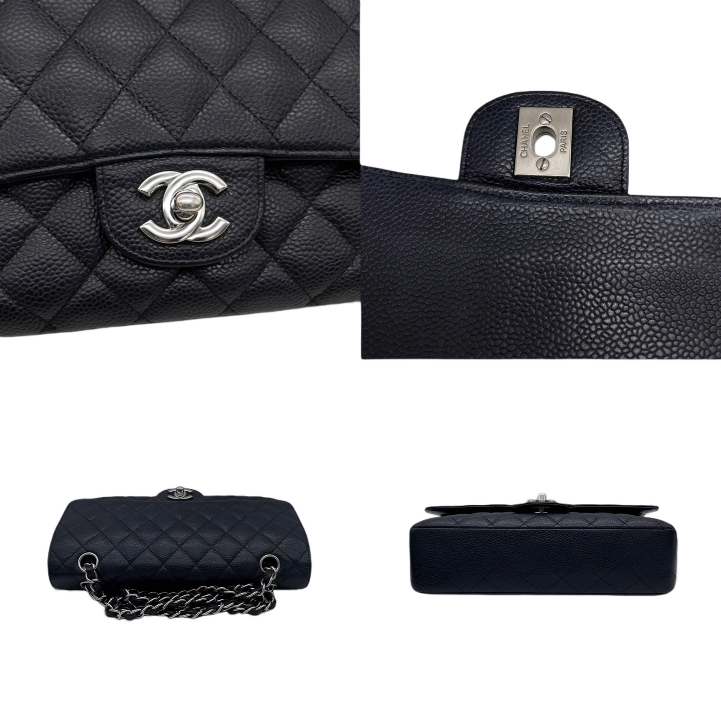 RARE☆☆☆CHANEL 2009 Matelassé Caviar Skin Leather Classic Double Chain Double Flap Bag 25cm Black &amp; Silver #
