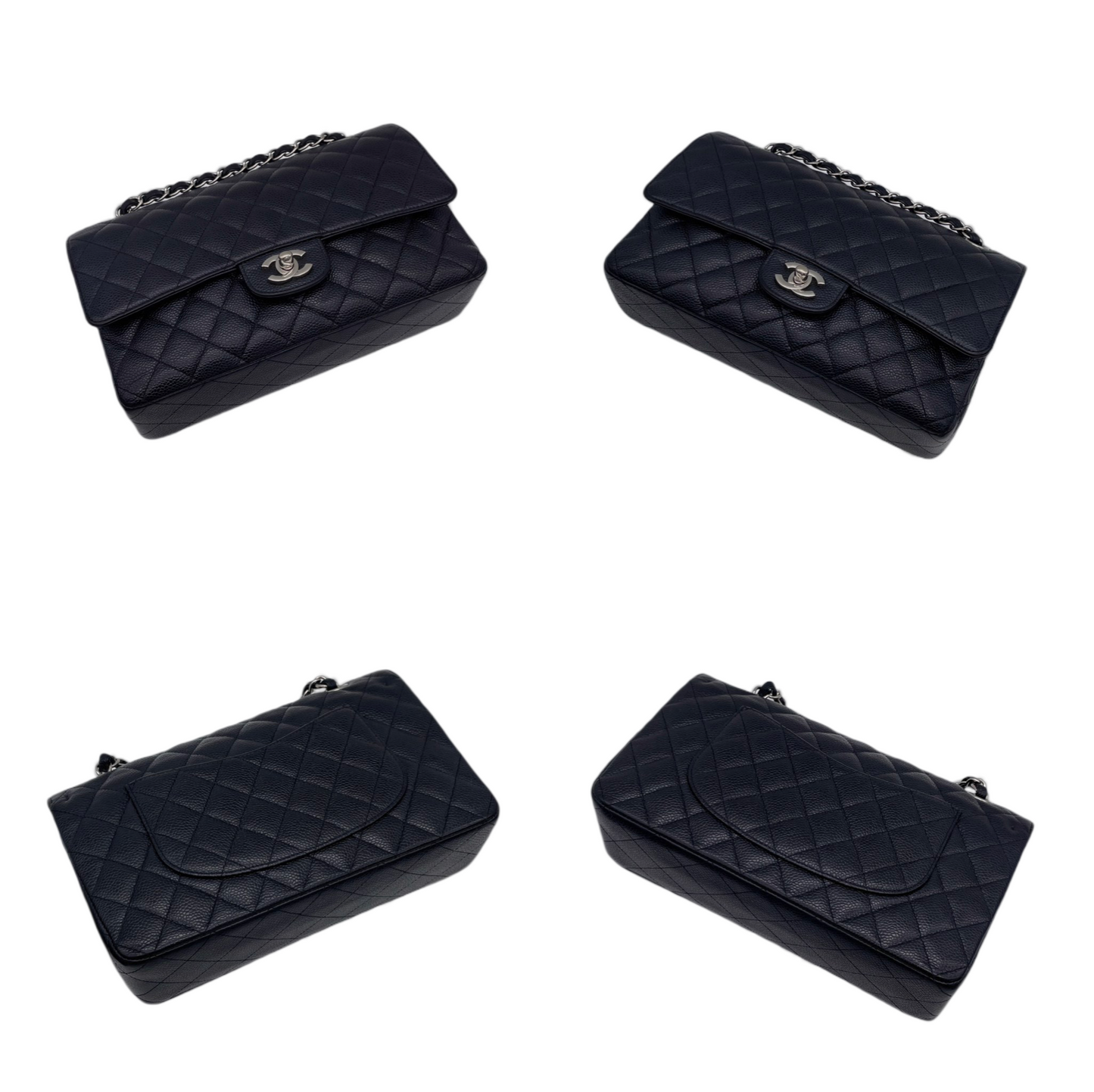 RARE☆☆☆CHANEL 2009 Matelassé Caviar Skin Leather Classic Double Chain Double Flap Bag 25cm Black &amp; Silver #