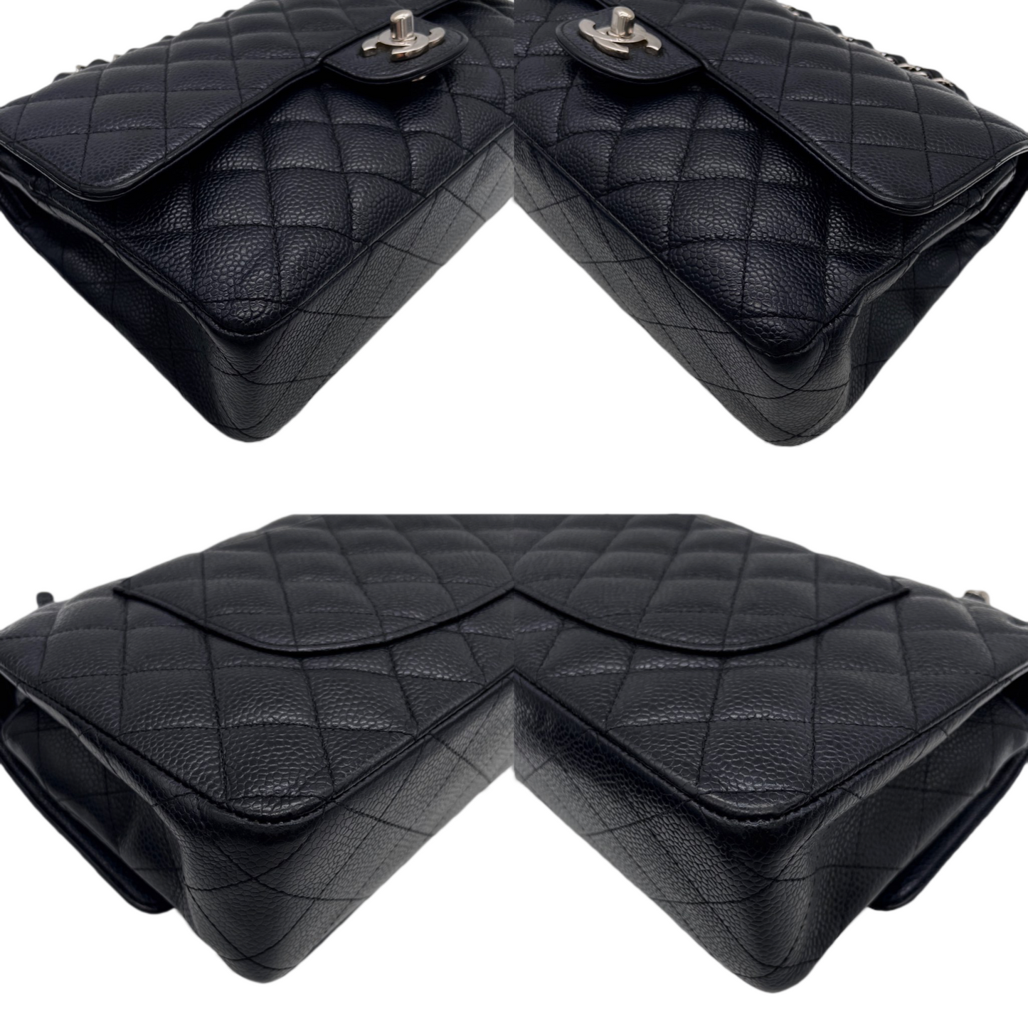 RARE☆☆☆CHANEL 2009 Matelassé Caviar Skin Leather Classic Double Chain Double Flap Bag 25cm Black &amp; Silver #