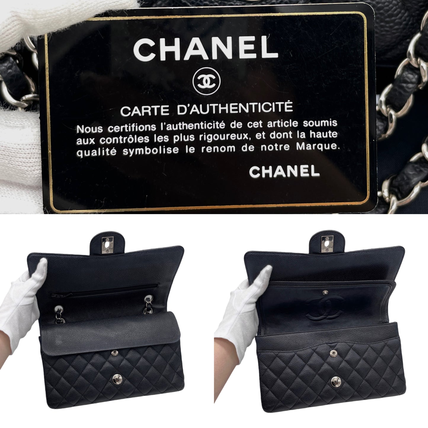 RARE☆☆☆CHANEL 2009 Matelassé Caviar Skin Leather Classic Double Chain Double Flap Bag 25cm Black &amp; Silver #