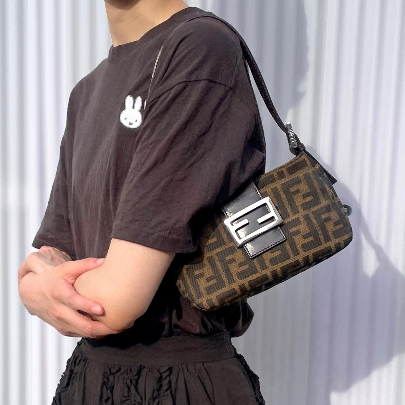 RARE☆☆☆FENDI Zucca Canvas Mini Mamma Baguette Shoulder Bag Brown &amp; Silver