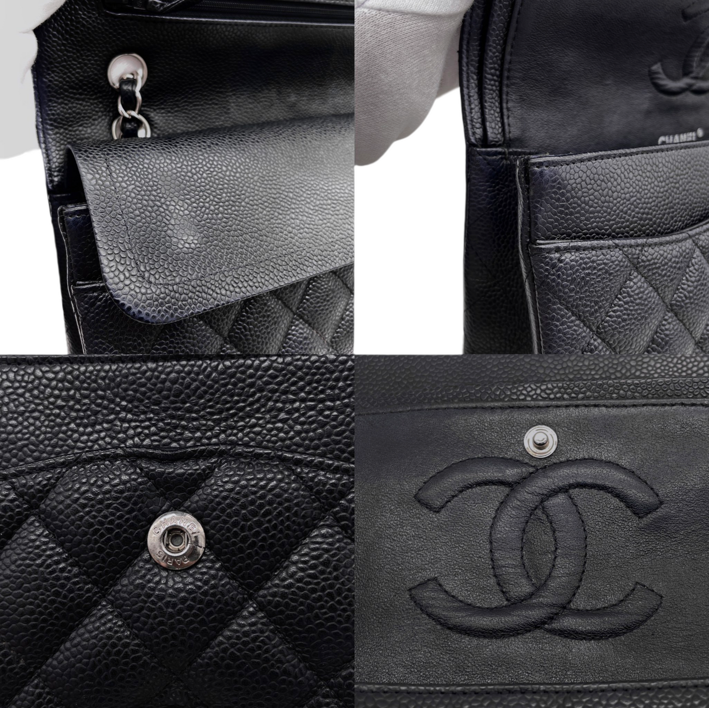 RARE☆☆☆CHANEL 2009 Matelassé Caviar Skin Leather Classic Double Chain Double Flap Bag 25cm Black &amp; Silver #