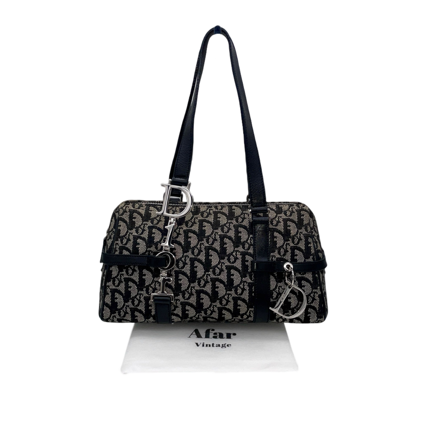 RARE☆☆☆CHRISTIAN DIOR Trotter Dior Chain Shoulder D Pendant Bowling Bag Navy &amp; Silver