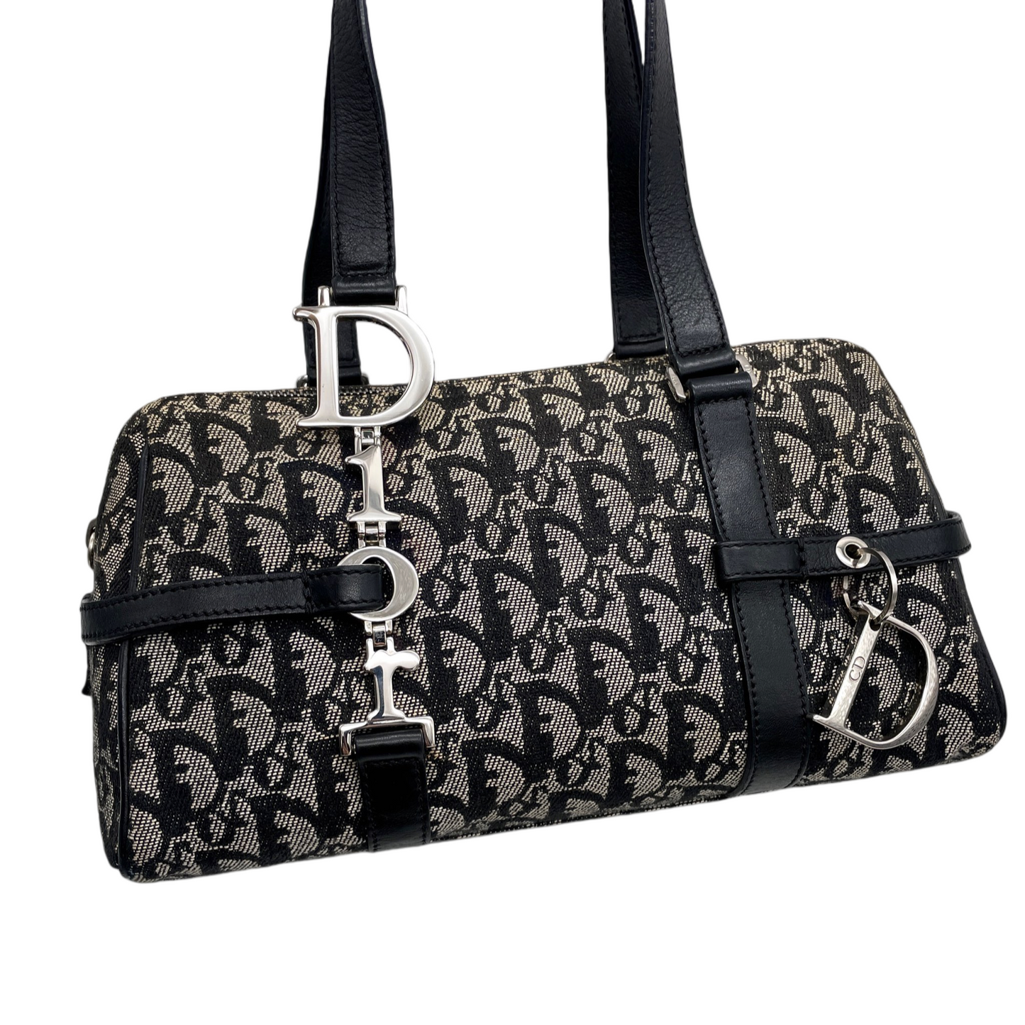 RARE☆☆☆CHRISTIAN DIOR Trotter Dior Chain Shoulder D Pendant Bowling Bag Navy &amp; Silver