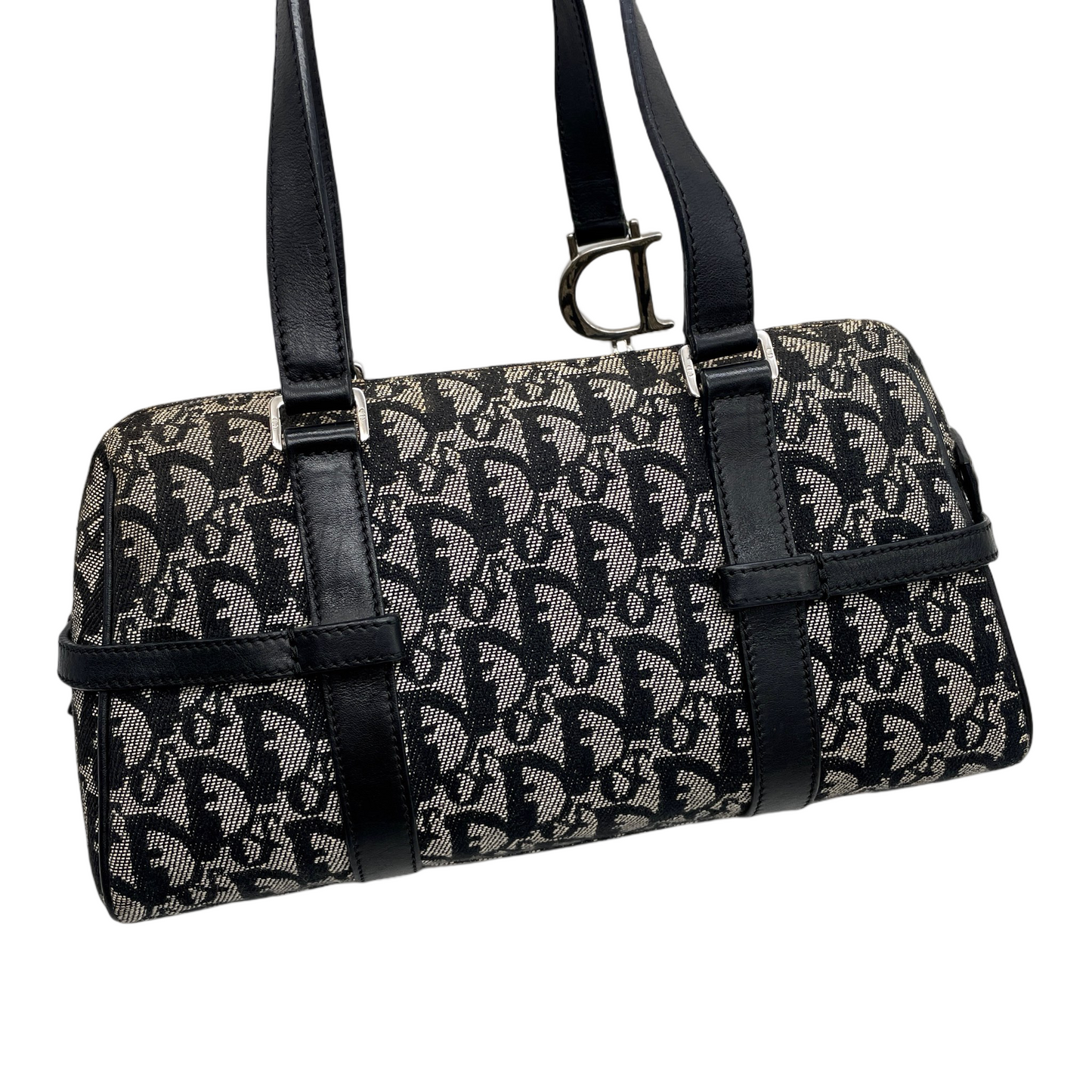 RARE☆☆☆CHRISTIAN DIOR Trotter Dior Chain Shoulder D Pendant Bowling Bag Navy &amp; Silver