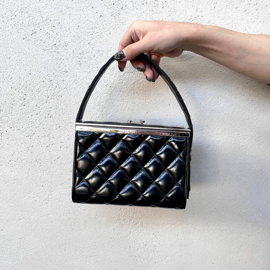 RARE☆☆☆CHANEL Matelassé Enamel Double Doors Vanity Hand Bag Black &amp; Silver