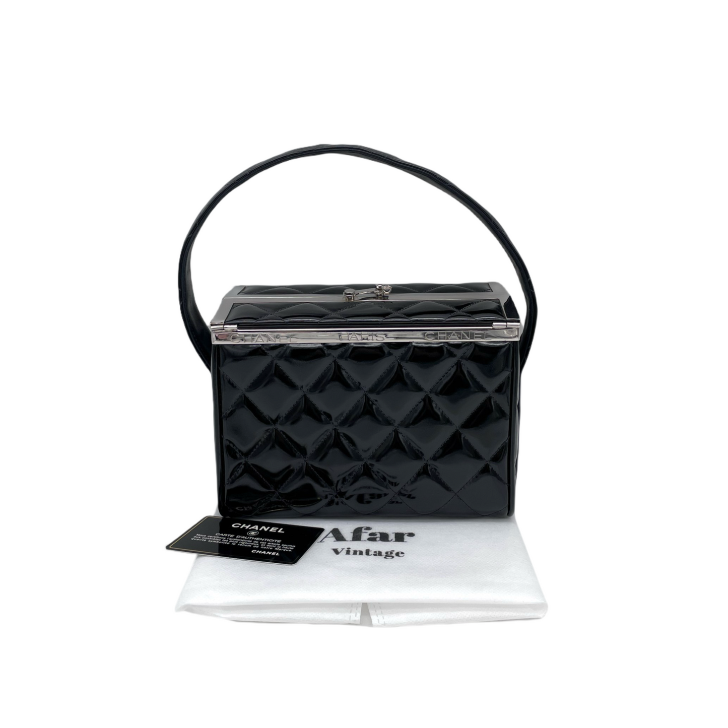 RARE☆☆☆CHANEL Matelassé Enamel Double Doors Vanity Hand Bag Black &amp; Silver