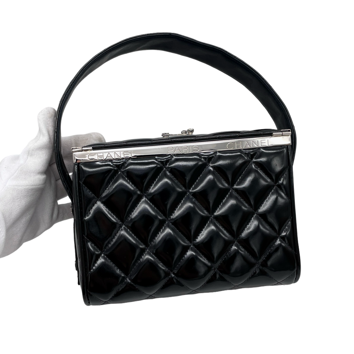 RARE☆☆☆CHANEL Matelassé Enamel Double Doors Vanity Hand Bag Black &amp; Silver