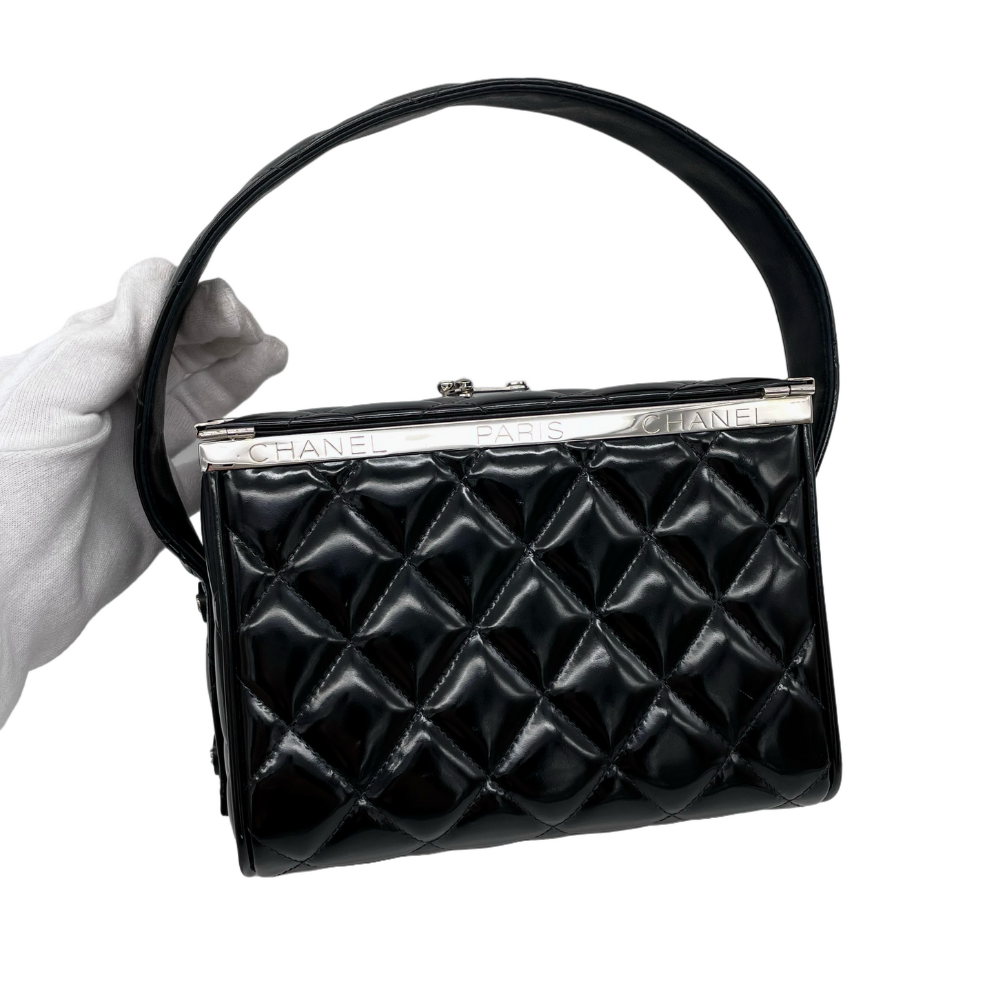 RARE☆☆☆CHANEL Matelassé Enamel Double Doors Vanity Hand Bag Black &amp; Silver