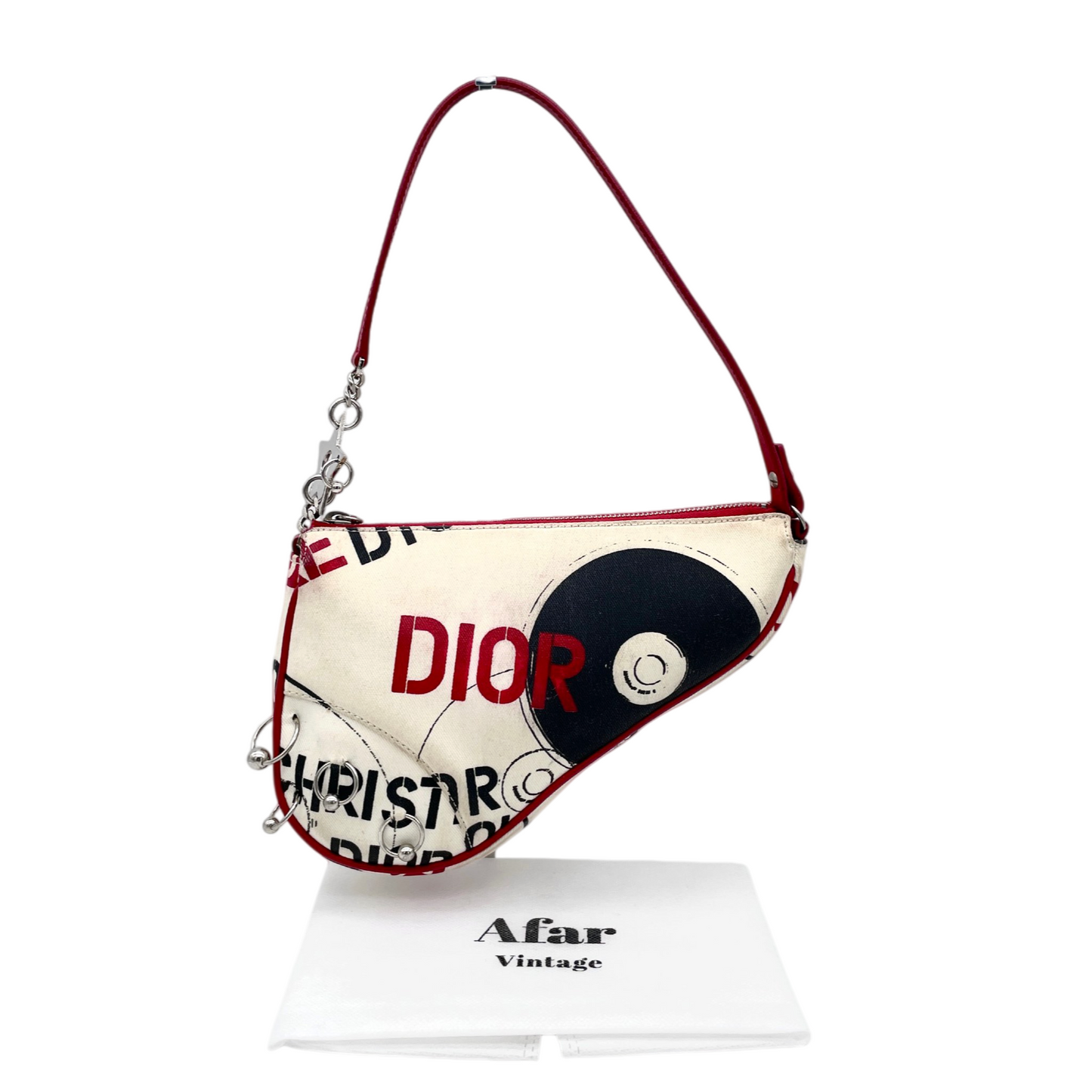RARE★★★★★CHRISTIAN DIOR 2004 Hardcore Canvas & Leather Record Motif Saddle Handbag Small White & Red