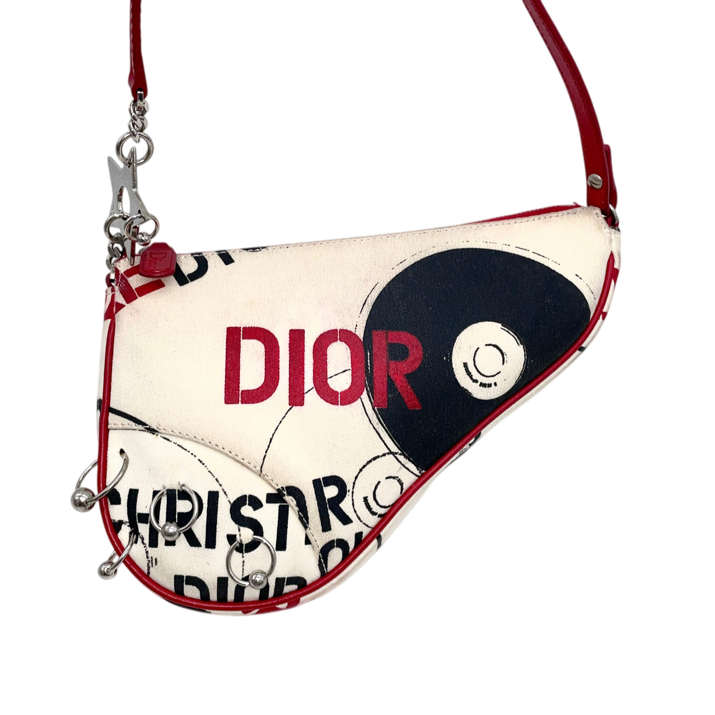 RARE★★★★★CHRISTIAN DIOR 2004 Hardcore Canvas & Leather Record Motif Saddle Handbag Small White & Red