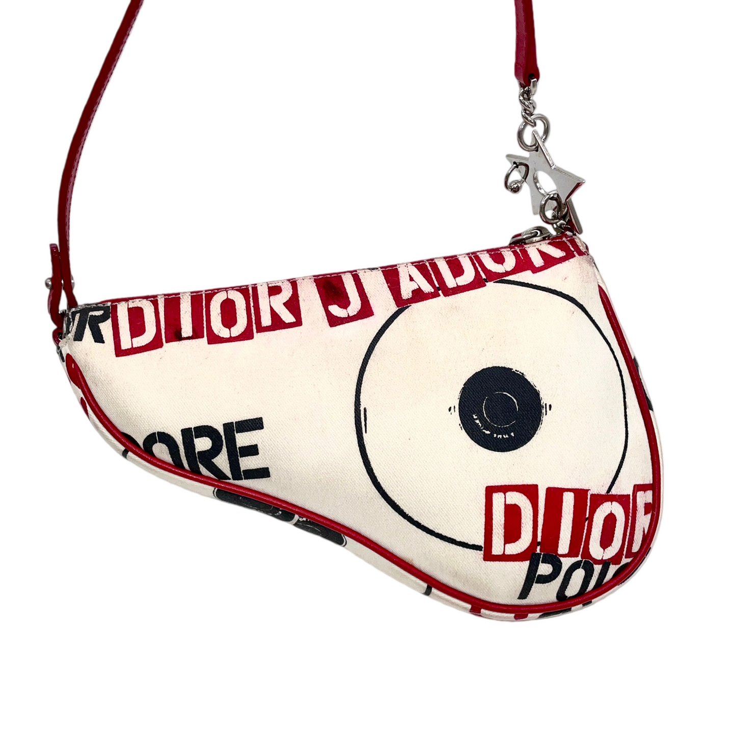 RARE★★★★★CHRISTIAN DIOR 2004 Hardcore Canvas & Leather Record Motif Saddle Handbag Small White & Red
