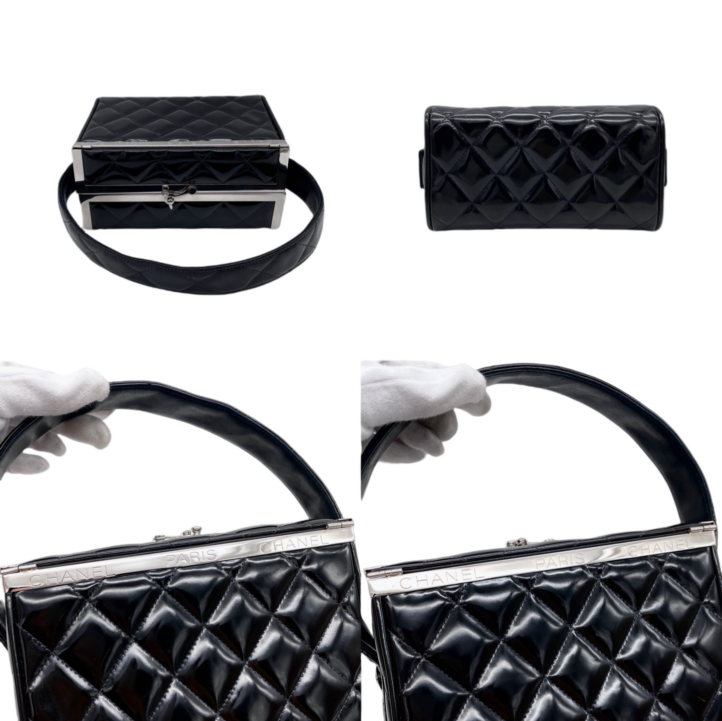 RARE☆☆☆CHANEL Matelassé Enamel Double Doors Vanity Hand Bag Black &amp; Silver