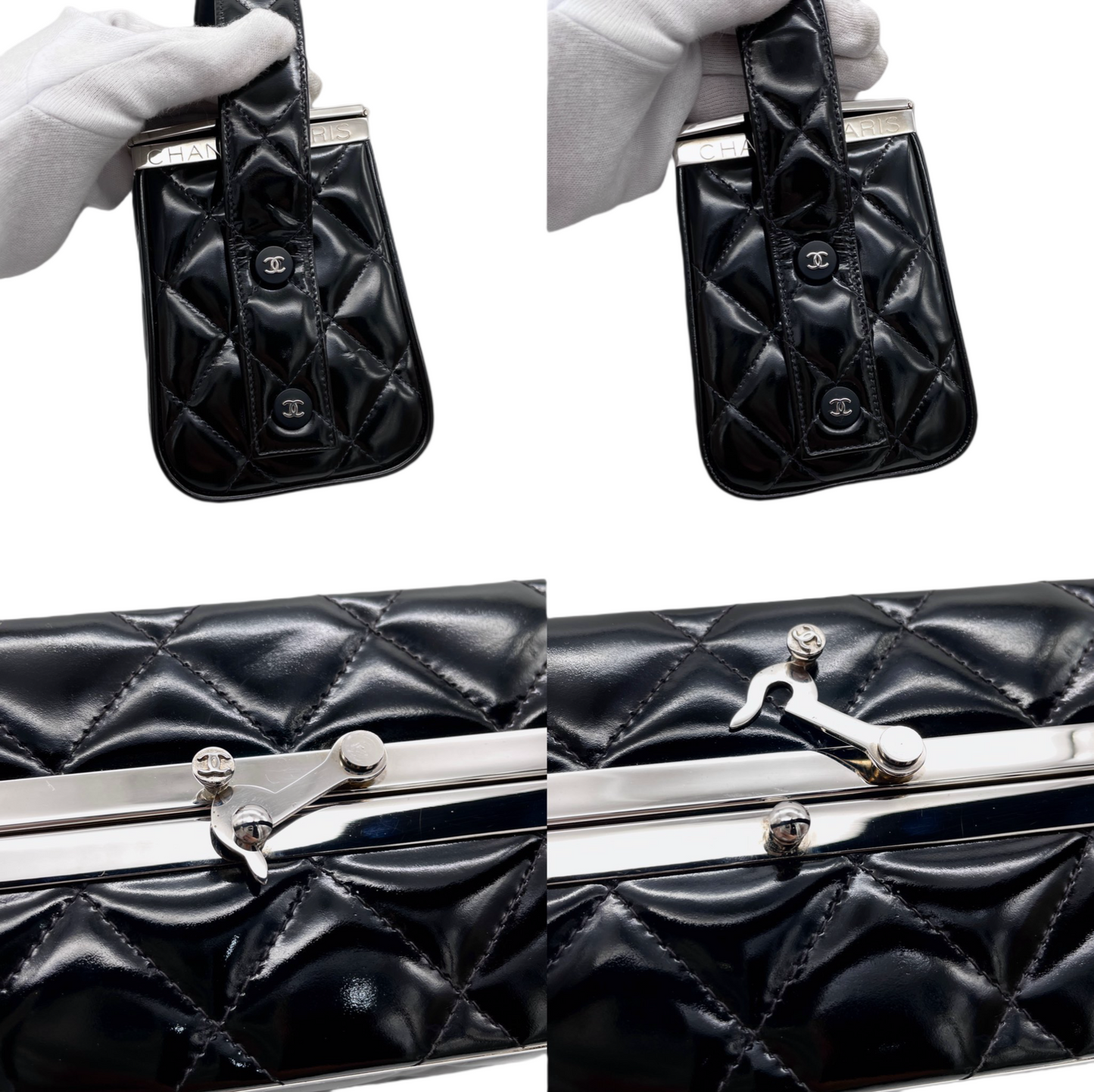 RARE☆☆☆CHANEL Matelassé Enamel Double Doors Vanity Hand Bag Black &amp; Silver
